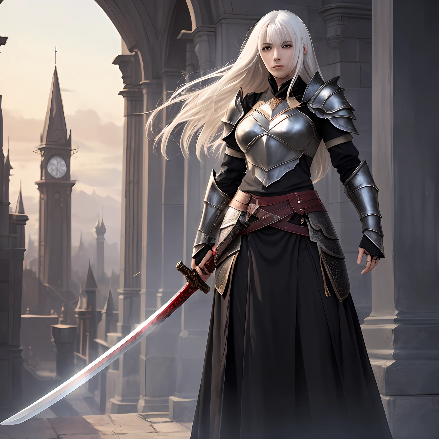 White hair, wearing black armor, fantasy armor, black armor, indifference, magic character, female model, female character, red Japanese sword in right hand, fantasy female armor, perfect curves, beauty, mythical character, black long skirt, indifference