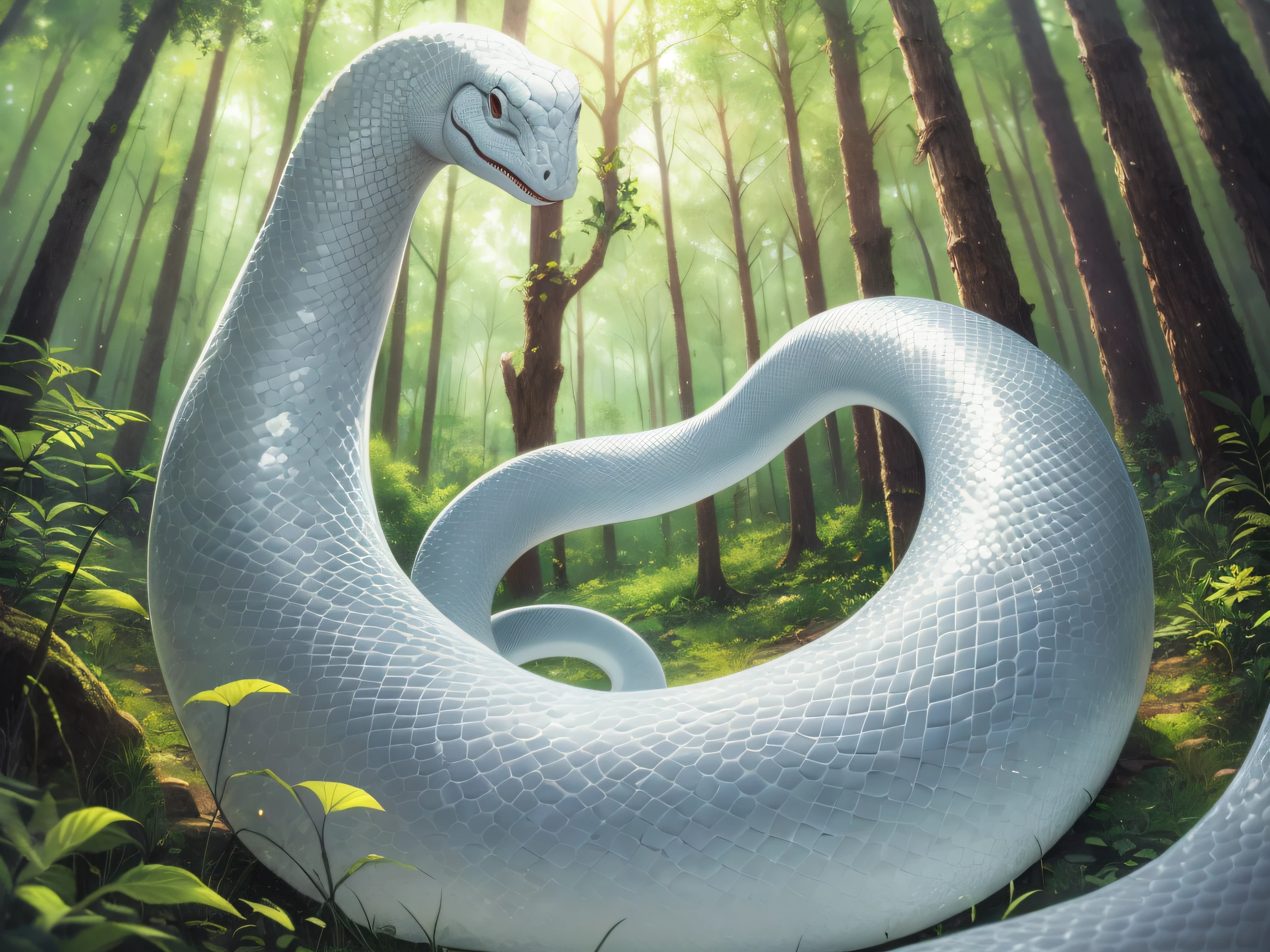 (beautiful and magnificent forest, majestic sky), (very tense dramatic pictures, moving visual effects), (colorful natural light), (masterpiece), (best quality), anime white snake, white snake facing the front, white snake coiling a tuna , white snake with big mouth open, giant white snake figure, mysterious white snake, white snake carrying good luck, in the forest, high resolution 4K, forest illustration, foggy forest, there is a boy --auto --s2