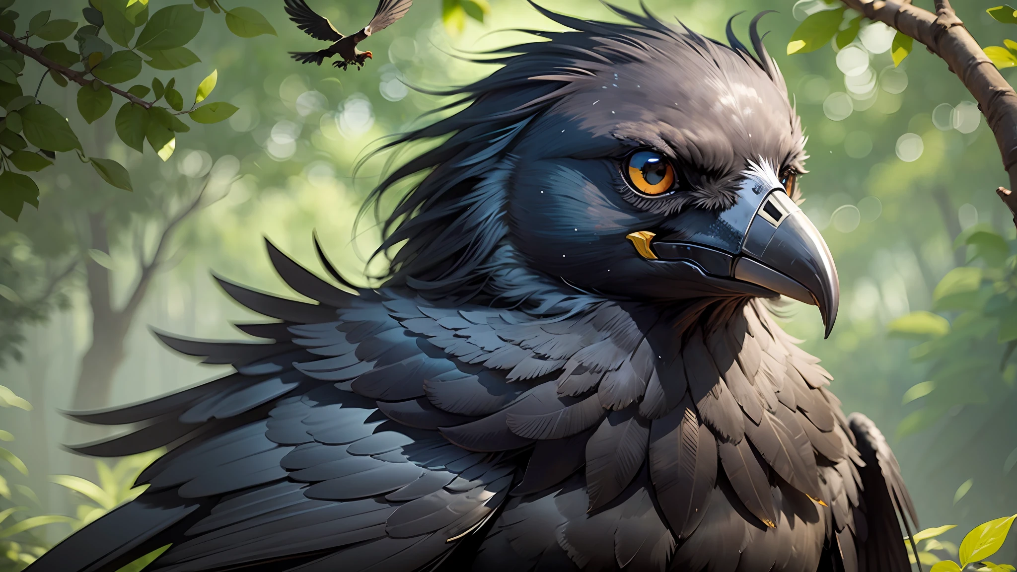 There is a big black bird flying in the sky, black crows flying on a beautiful day in the open, crow bird, crow, crow, crow wings, in forest, crow, long thick black beak shiny, dark crow, closeup of a crow, black crow, crow monster, crows, crows, dark feathered wings, beautiful crows ultra realistic 8k --auto --s2