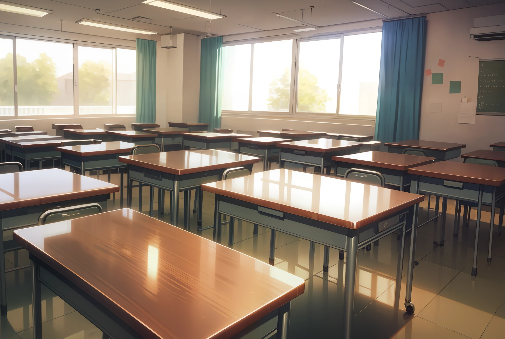 chalkboard, no people, classroom, curtains, many people, students, uniforms, classes, many students, masterpiece, top quality, very detailed