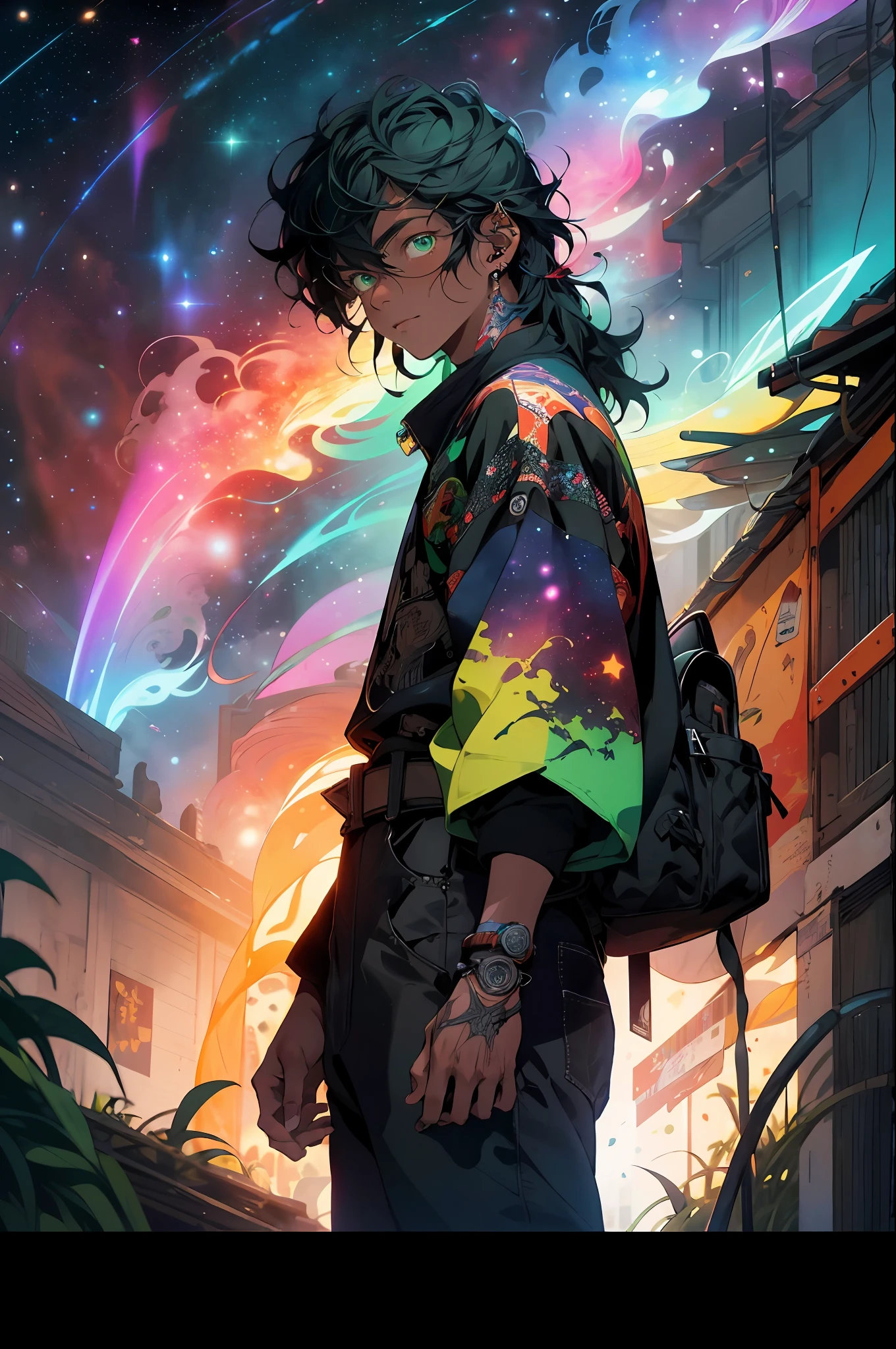 Realistic, (Masterpiece, High Quality, Best Quality, Official Art, Beauty & Aesthetics: 1.2), Very Detailed, Fractal Art, Colorful, Most Detailed, Zentangle, (Abstract Background: 1.5) (1male: 1.3), God, Warrior, Samurai, Black Hair, Long Hair, (Glowing Blue Green Eyes), Mysterious, Starry Sky, Galaxy, Multicolored Northern Lights, Spectrum, Handsome Man, In Love