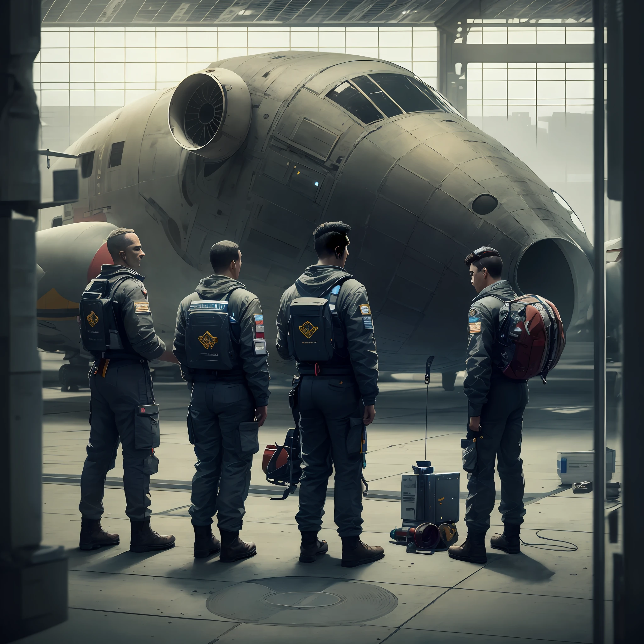 NSFW, no frills black space cruiser in hangar, maintenance crew and navigator having a meeting