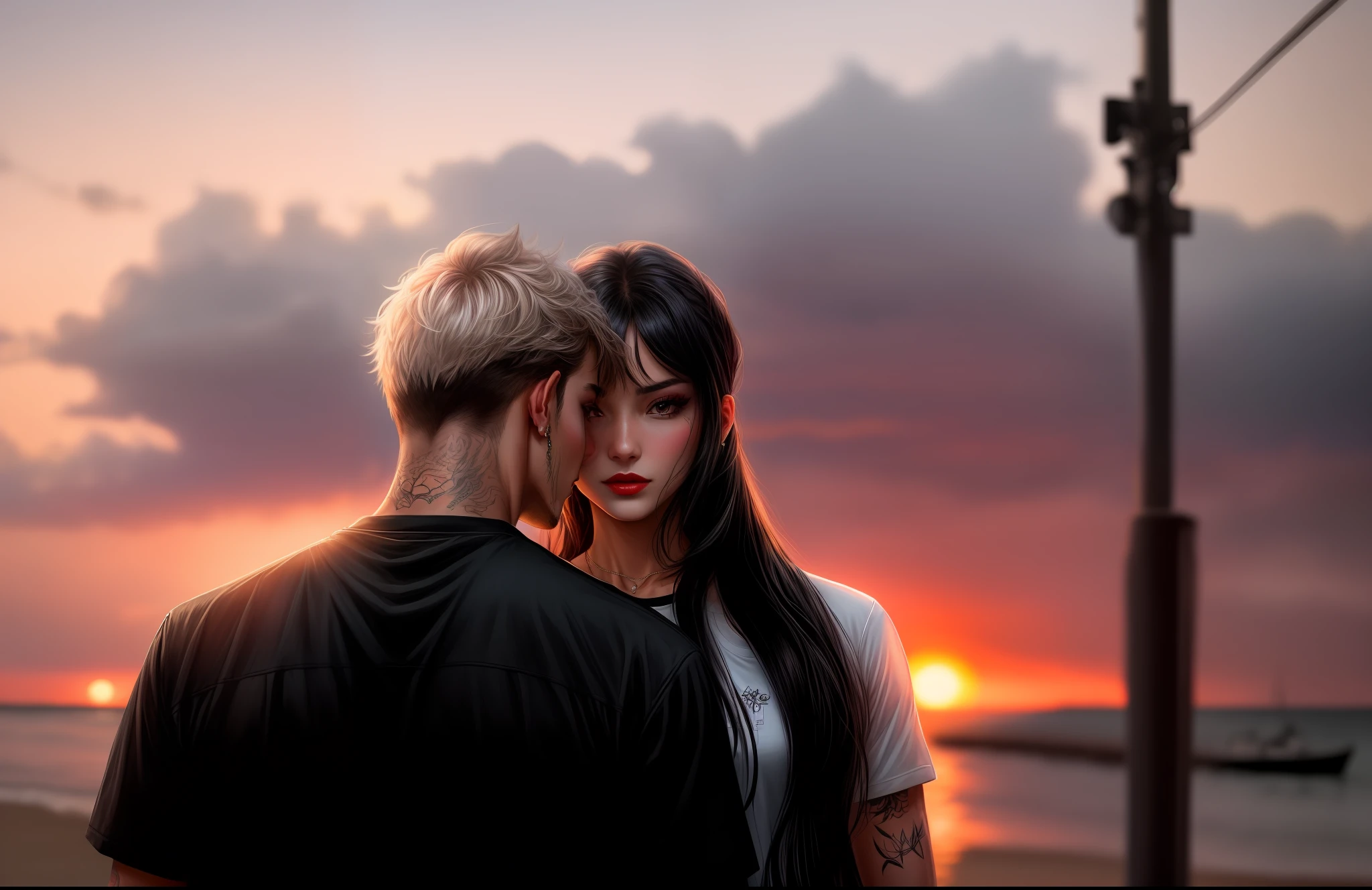 there are couple of lovers, a man IN BLACK T-SHIRT AND WHITE HAIR and a woman with long black hair black makeup, dice earring and heart chain, standing next to each other on a beach, the sunset shines around the head, the sunset in the background, in a sunset mist, tumblr, 12k, couple, 8k, character gta v, realistic and detailed, tattoos, realistic and detailed photo, girl with evil face and red lipstick, intimidating girl look, woman with tattoo on face, cinematic, bold dark lines and loose lines, bold lines, on paper, real life human, natural beauty, photogenic, couple in love,