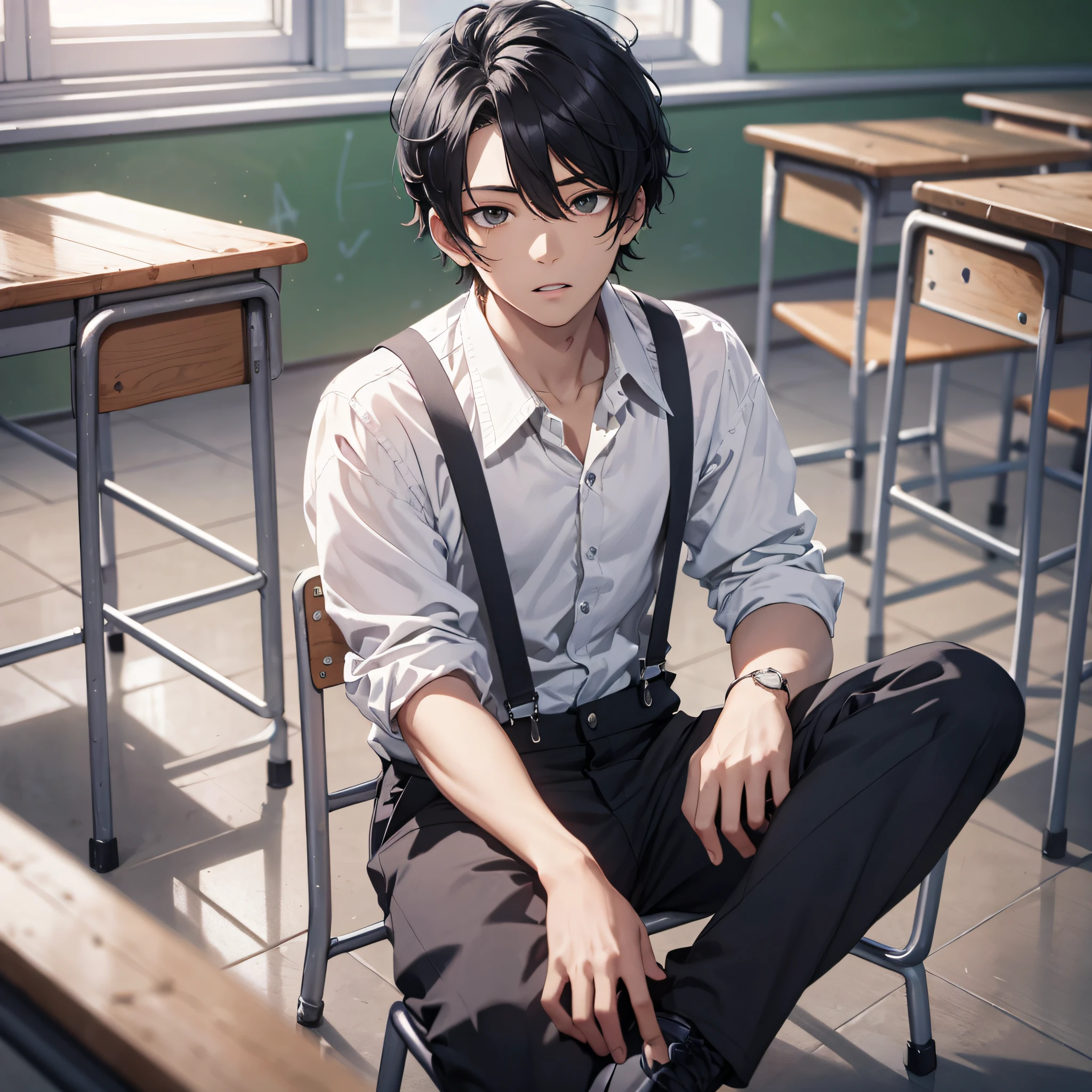 Ridiculous resolution, high resolution, (masterpiece: 1.4), hyperdetail, classroom, young man messy black hair, white suspenders, daze expression, sitting