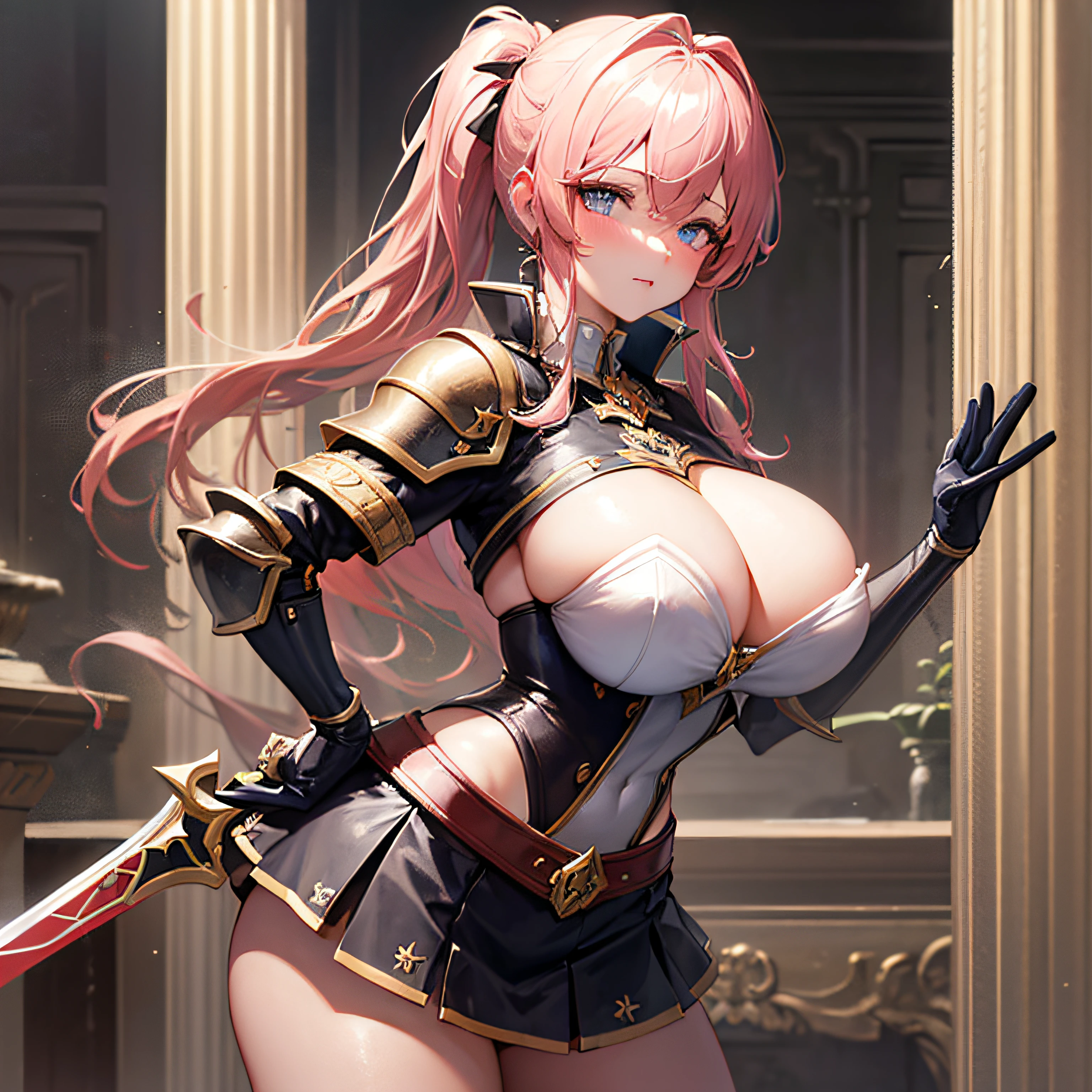 Peerless beauty, perfect slim body, royal sister face, double ponytail curls, knightly armor, sexy aseductive, beautiful face, full body portrait, standing pose, 4K picture quality, feminine expression, blush shyness, star-like deep eyes, huge breasts, kirt, sword and magic. The bust is greatly large, fighting with Warcraft, speed lines, the best quality, masterpieces.