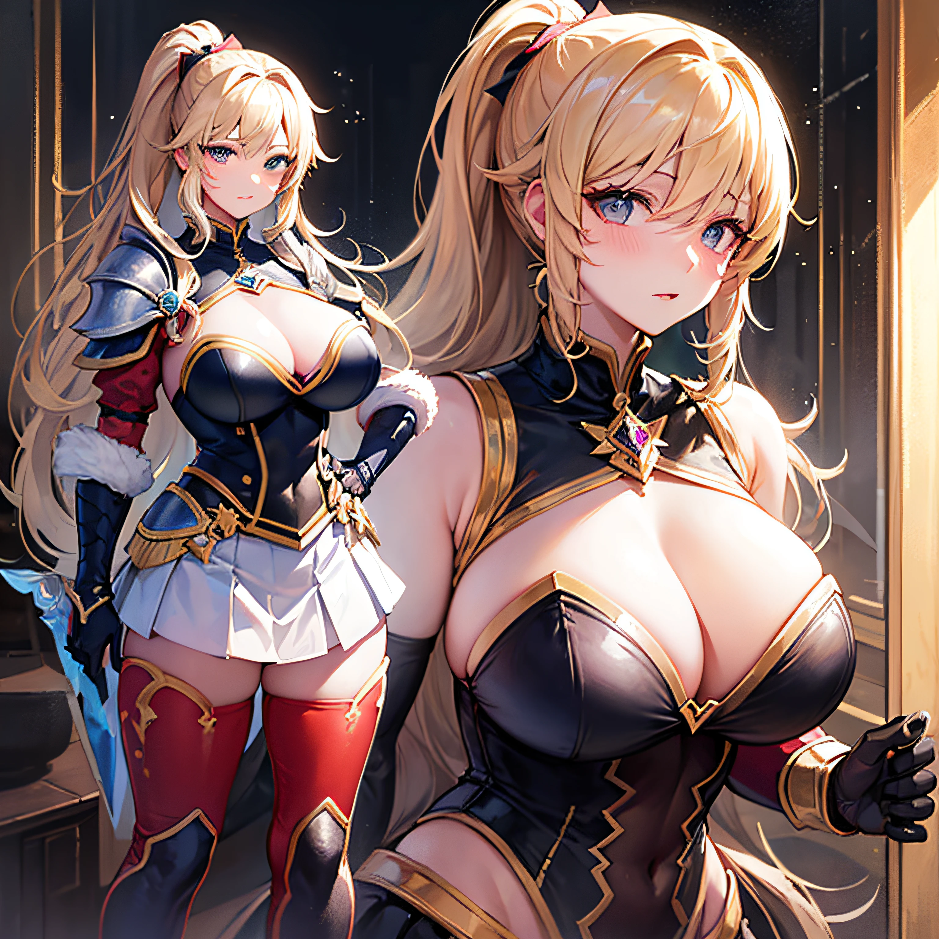 Peerless beauty, perfect slim body, mature royal sister face, double ponytail curls, knightly armor, sexy and seductive, beautiful face, full body portrait, standing pose, 4K picture quality, feminine expression, blush shyness, star-like deep eyes, huge breasts, short skirt, sword and magic. The bust is greatly large, fighting with Warcraft, speed lines, the best quality, masterpieces.