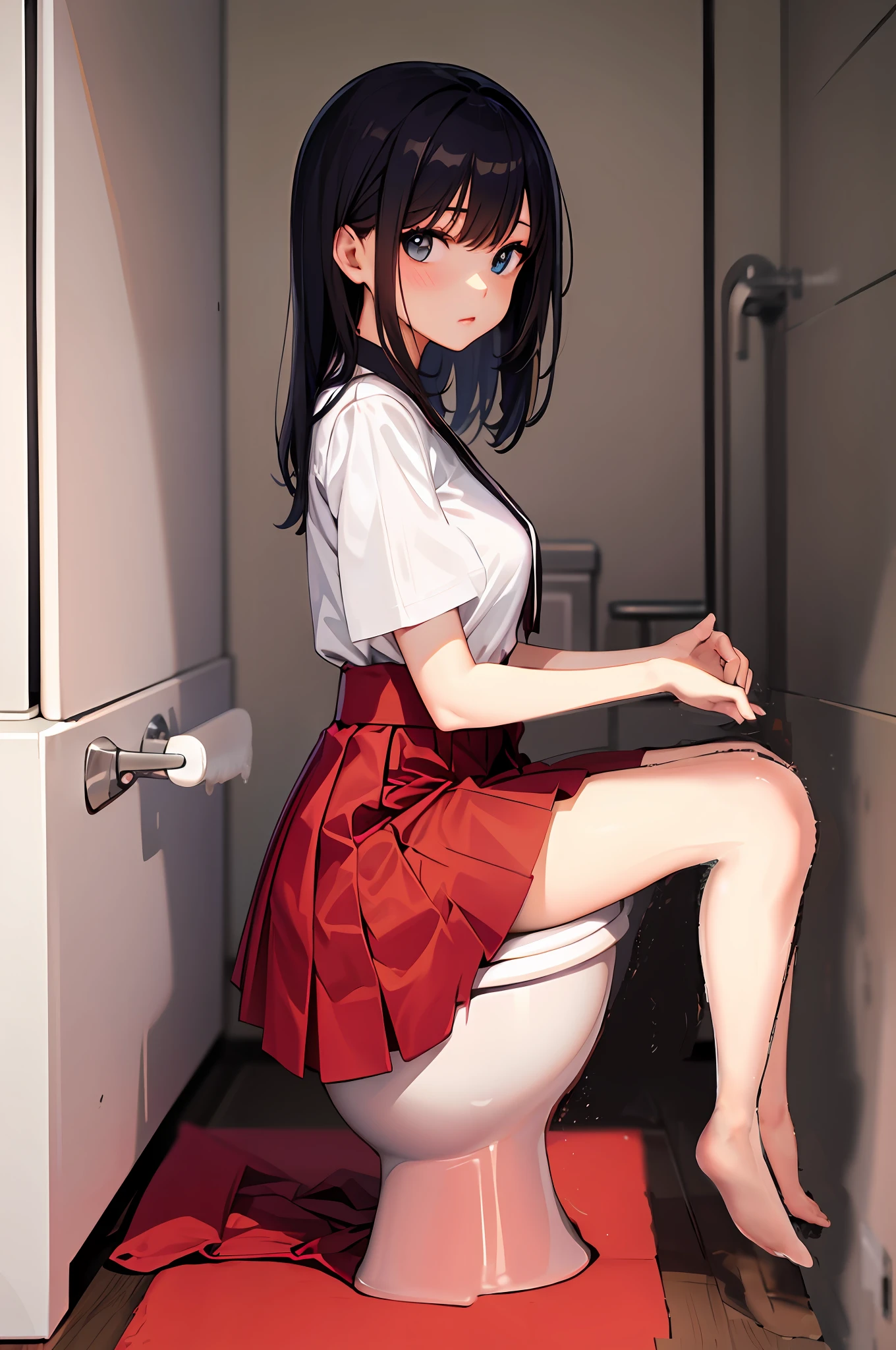 anime girl sitting on a toilet in a bathroom with a red rug, beautiful anime girl squatting, the anime girl is crouching, siting on a toilet, a hyperrealistic schoolgirl, in bathroom, smooth anime cg art, hyperrealistic schoolgirl, ilya kuvshinov. 4 k, clean detailed anime art, realistic anime 3 d style, in a bathroom
