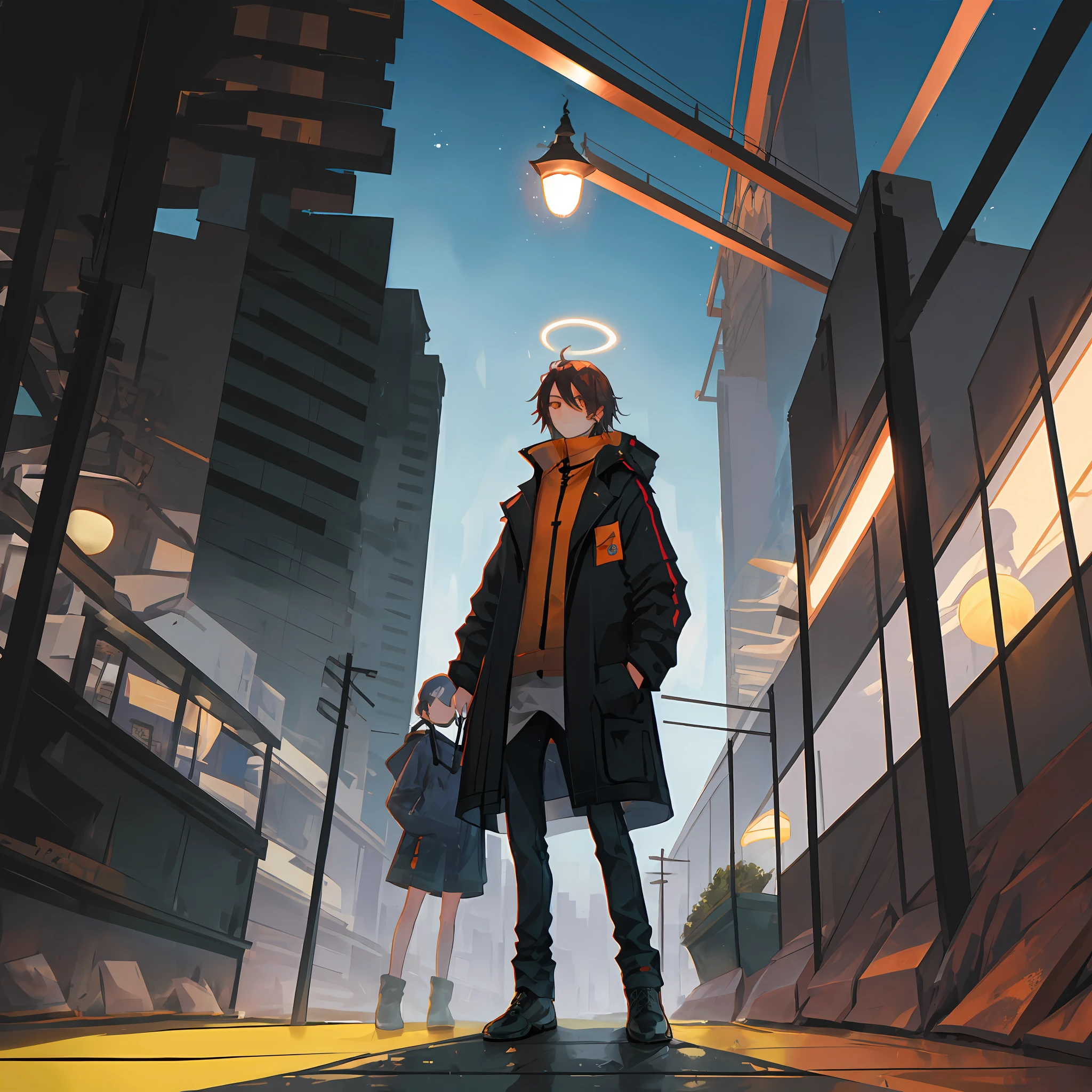 Street lamps at night, orange beams, a man in a black coat standing in the beam, looking at the sky