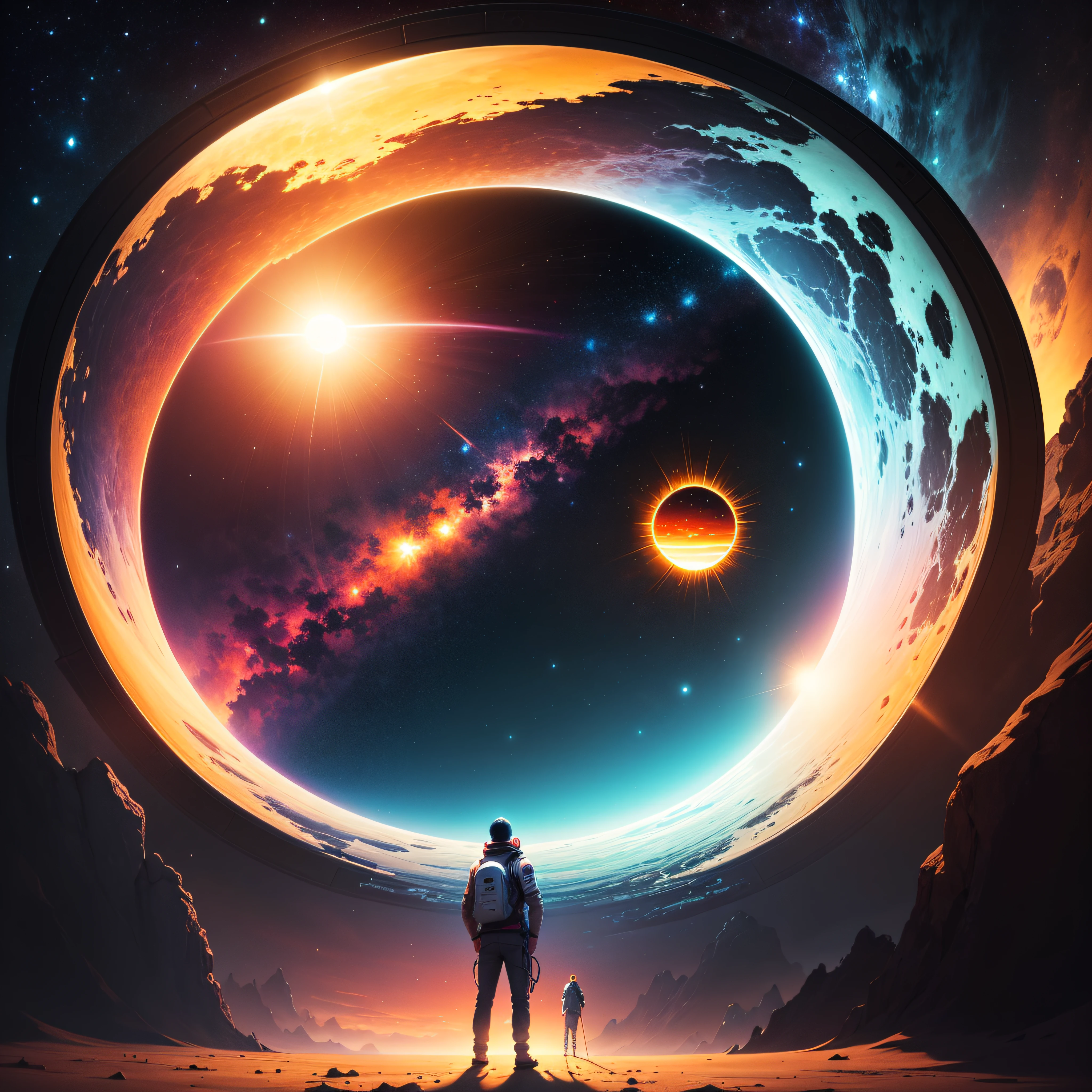a man standing in front of a space portal with a view of the sun, cyril rolando and goro fujita, portal to another universe, inspired by Cyril Rolando, portal to another dimension, world seen only through a portal, high quality fantasy stock photo, portal to another world, portal to outer space, in style of cyril rolando, looking out into space