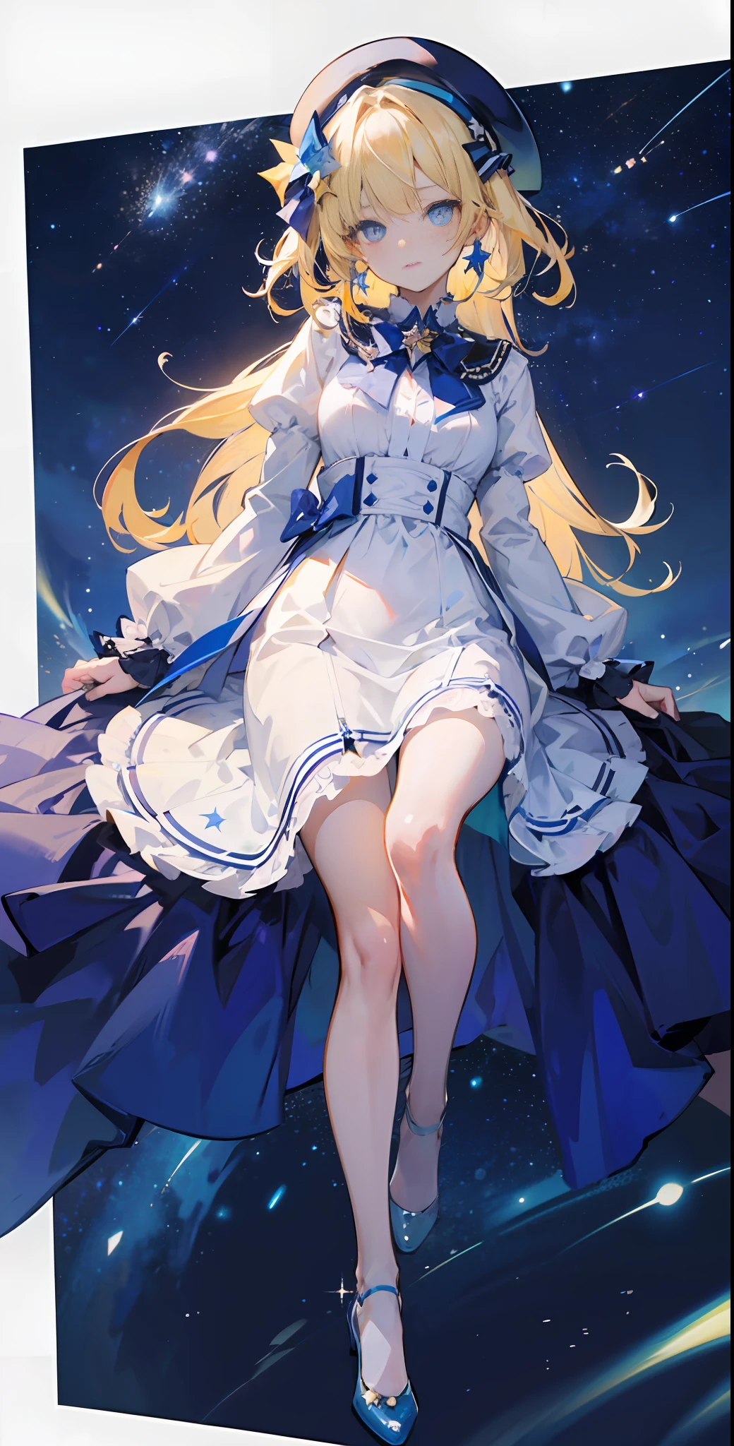 Yellow hair, white dress, blue eyes, star pupils, blue bow tie, crystal shoes, beret (blue bow on top), starry sky background, shooting star, 4K