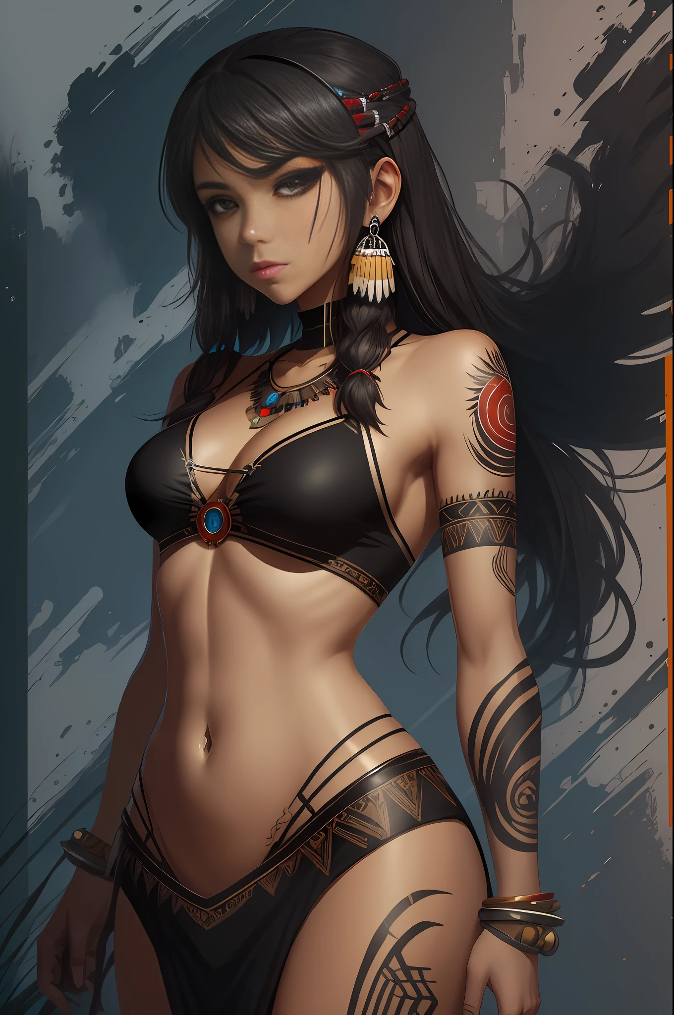 Artistic Image, perfect dark black eyes, red apache skin, full headroom, no head piece, we see all the body with iconic Apache art, full dress like traditional Apache, adorned with Apache craftsman navel piercing. The image should be a blend of digital illustration and anime, featuring a level of detail that brings the character and scene to life. The female Apache anatomy is slim, capturing the essence of both freedom and soul. no background, no metal artifacts, centering the image, no tatoo,