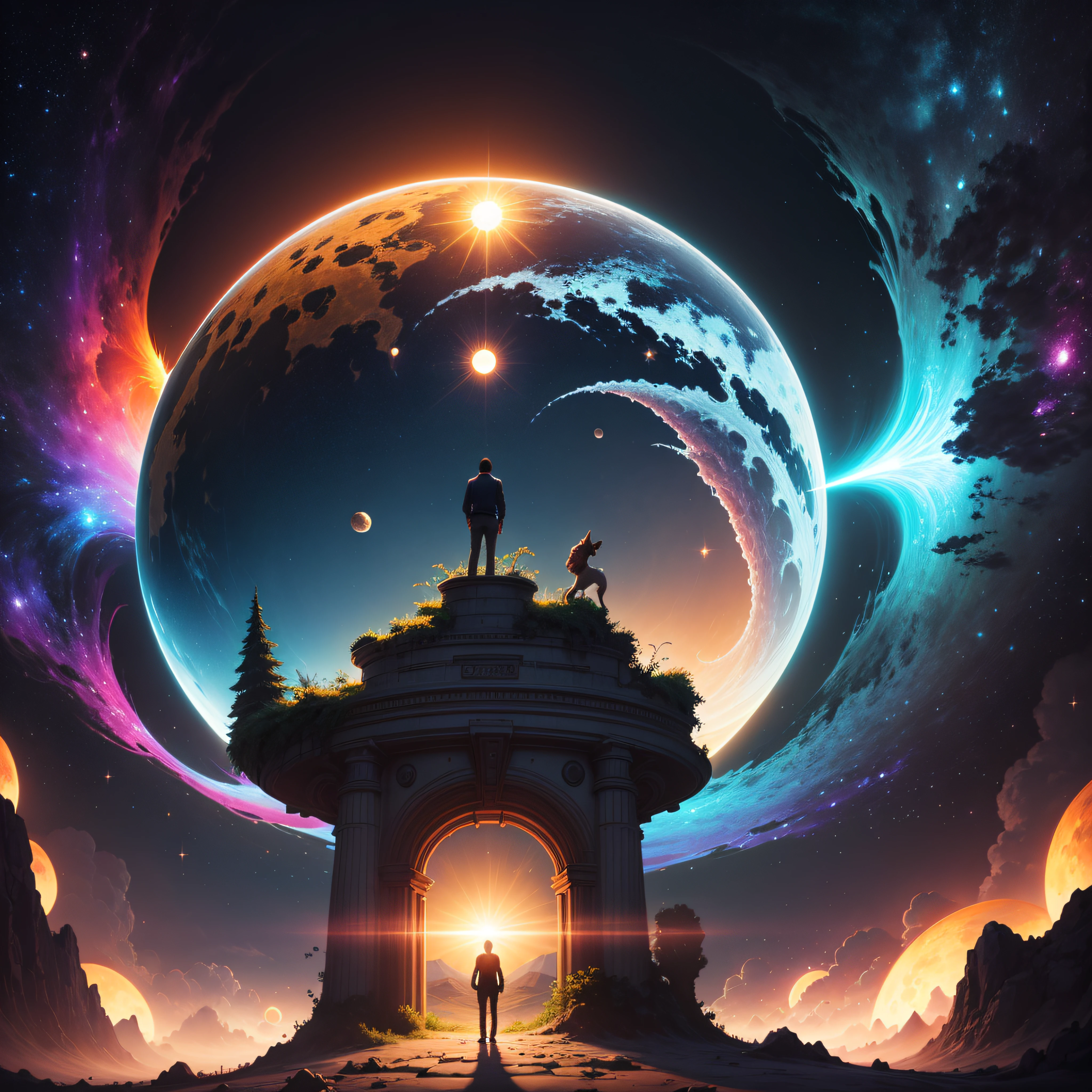 a man standing in front of a space portal with a view of the sun, cyril rolando and goro fujita, portal to another universe, inspired by Cyril Rolando, portal to another dimension, world seen only through a portal, high quality fantasy stock photo, portal to another world, portal to outer space, in style of cyril rolando, looking out into space