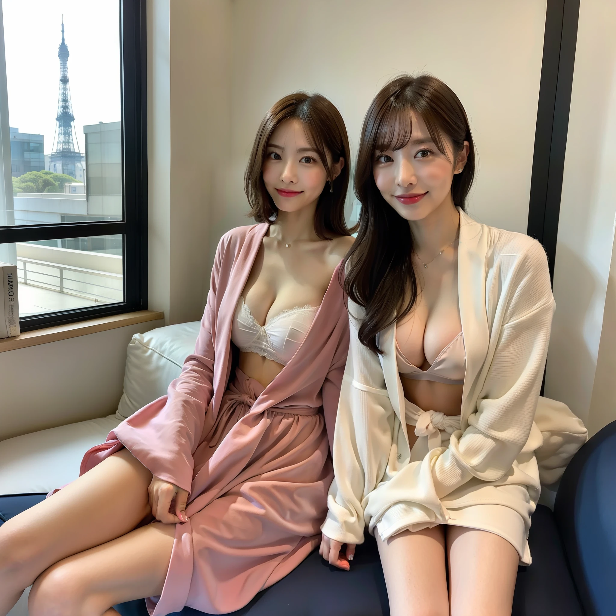 ((Best Masterpiece)), ((Best Quality)), ((Real)), ((8k)) bathrobe, luxury hotel, Tokyo, Tokyo Tower, Japan persons, 24 years old, 2 beauty, super beautiful, cute, model, full body, slender, cleavage, no bra, silhouette, sony slr photography, 1 long hair, 1 short hair, looking at camera,smile, background real, tokyo tower outside the window, photo, beautiful skin, sofa by the windowCoffee on the desk,