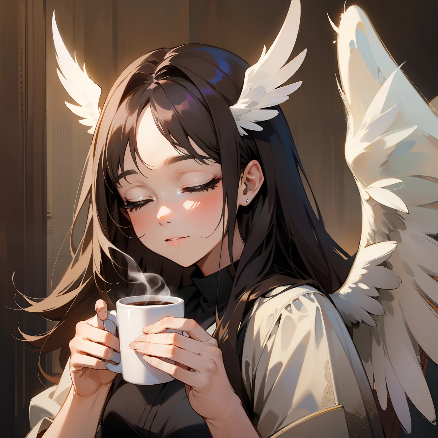 Picture of a girl with a cup of coffee and angel wings, beautiful angel girl, close eyes, beautiful angel, angel girl, beautiful angel portrait, beautiful angel girl portrait, angel, angel, coffee dark angel, winged girl angel, adorable digital painting, angel themed, angel, beautiful female angel, young one angel