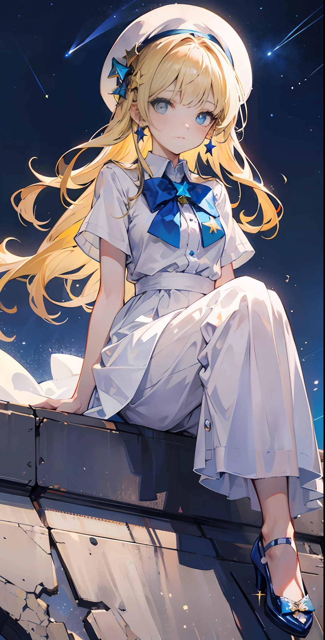 Yellow hair, white dress, blue eyes, star pupils, blue bow tie, crystal shoes, beret (blue bow on top), starry sky background, shooting star, 4K
