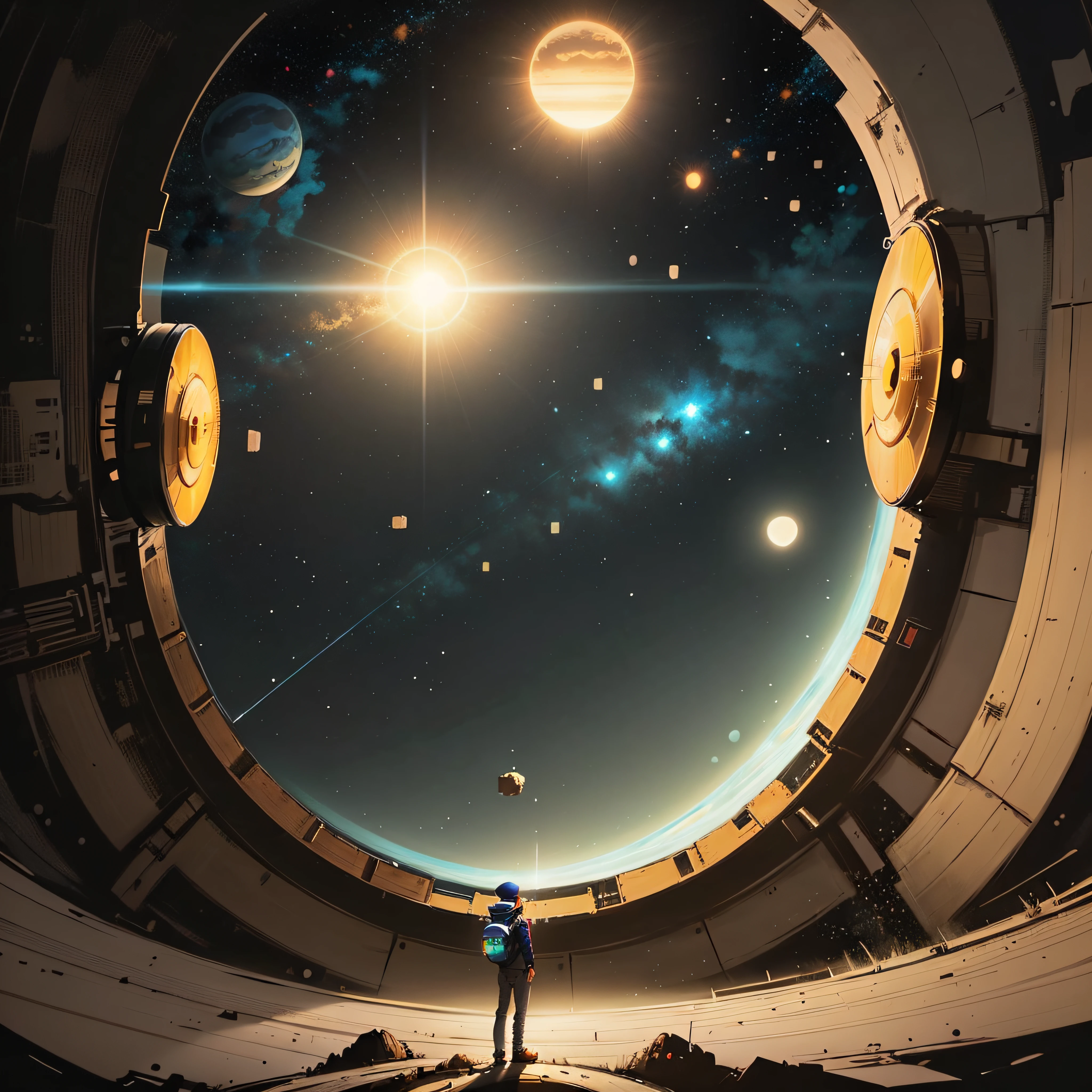 a man standing in front of a space portal with a view of the sun, cyril rolando and goro fujita, portal to another universe, inspired by Cyril Rolando, portal to another dimension, world seen only through a portal, high quality fantasy stock photo, portal to another world, portal to outer space, in style of cyril rolando, looking out into space