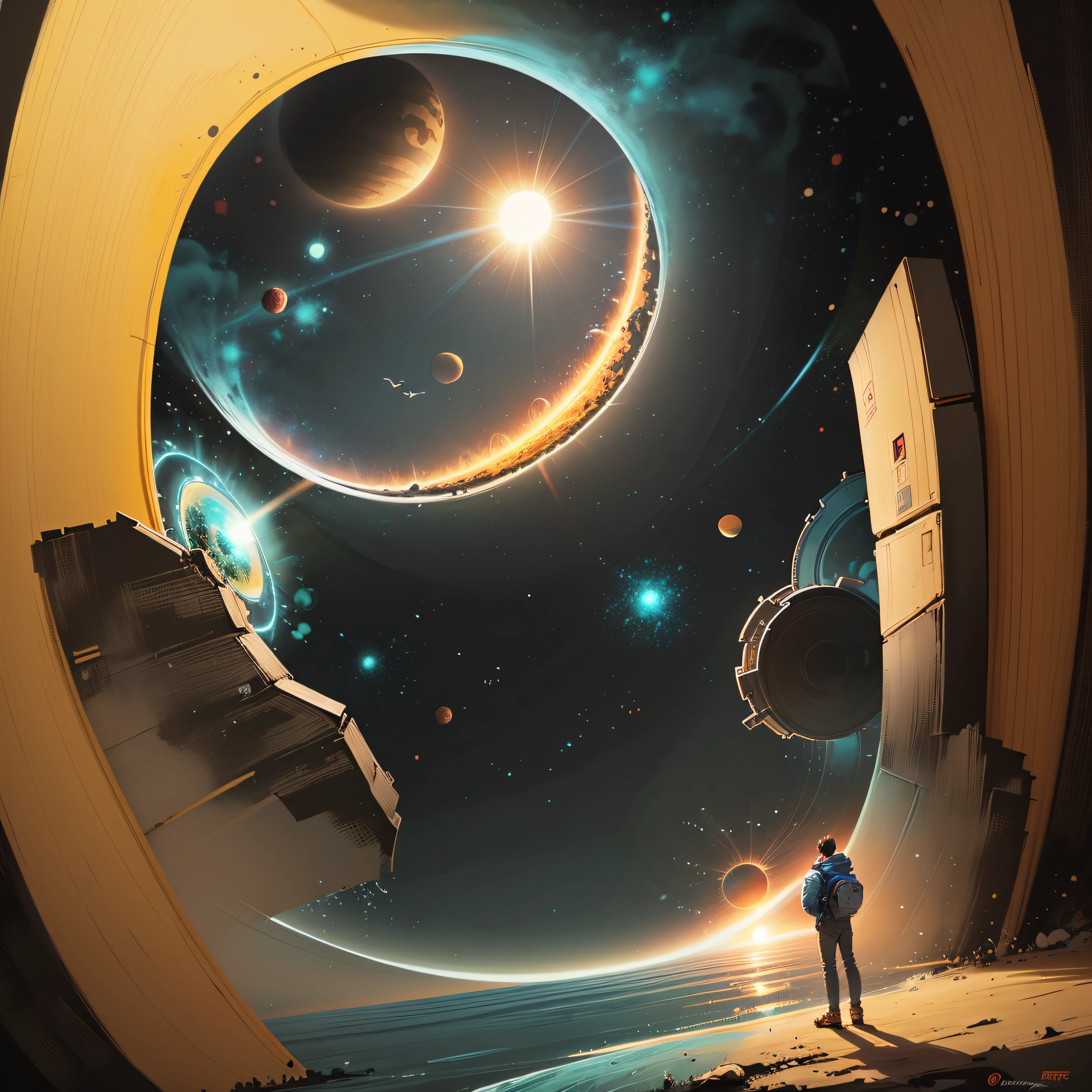 a man standing in front of a space portal with a view of the sun, cyril rolando and goro fujita, portal to another universe, inspired by Cyril Rolando, portal to another dimension, world seen only through a portal, high quality fantasy stock photo, portal to another world, portal to outer space, in style of cyril rolando, looking out into space