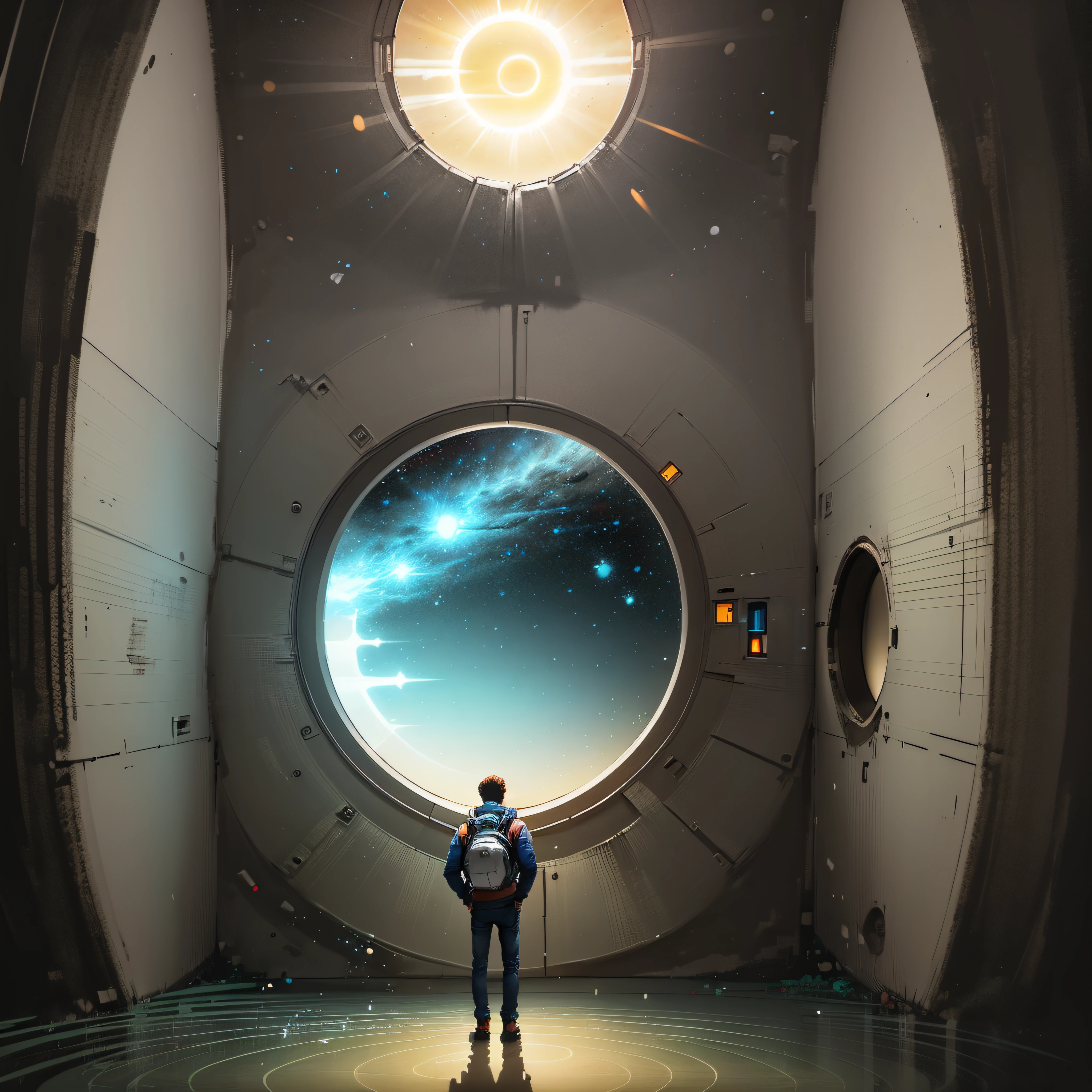 a man standing in front of a space portal with a view of the sun, cyril rolando and goro fujita, portal to another universe, inspired by Cyril Rolando, portal to another dimension, world seen only through a portal, high quality fantasy stock photo, portal to another world, portal to outer space, in style of cyril rolando, looking out into space