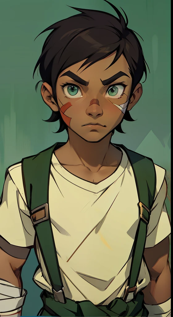 black boy, short hair, american cut hair, kai legend of korra, about , green clothes, suspenders, bandages on the arms, (Avatar Legend of Aang style), (cartoon style)