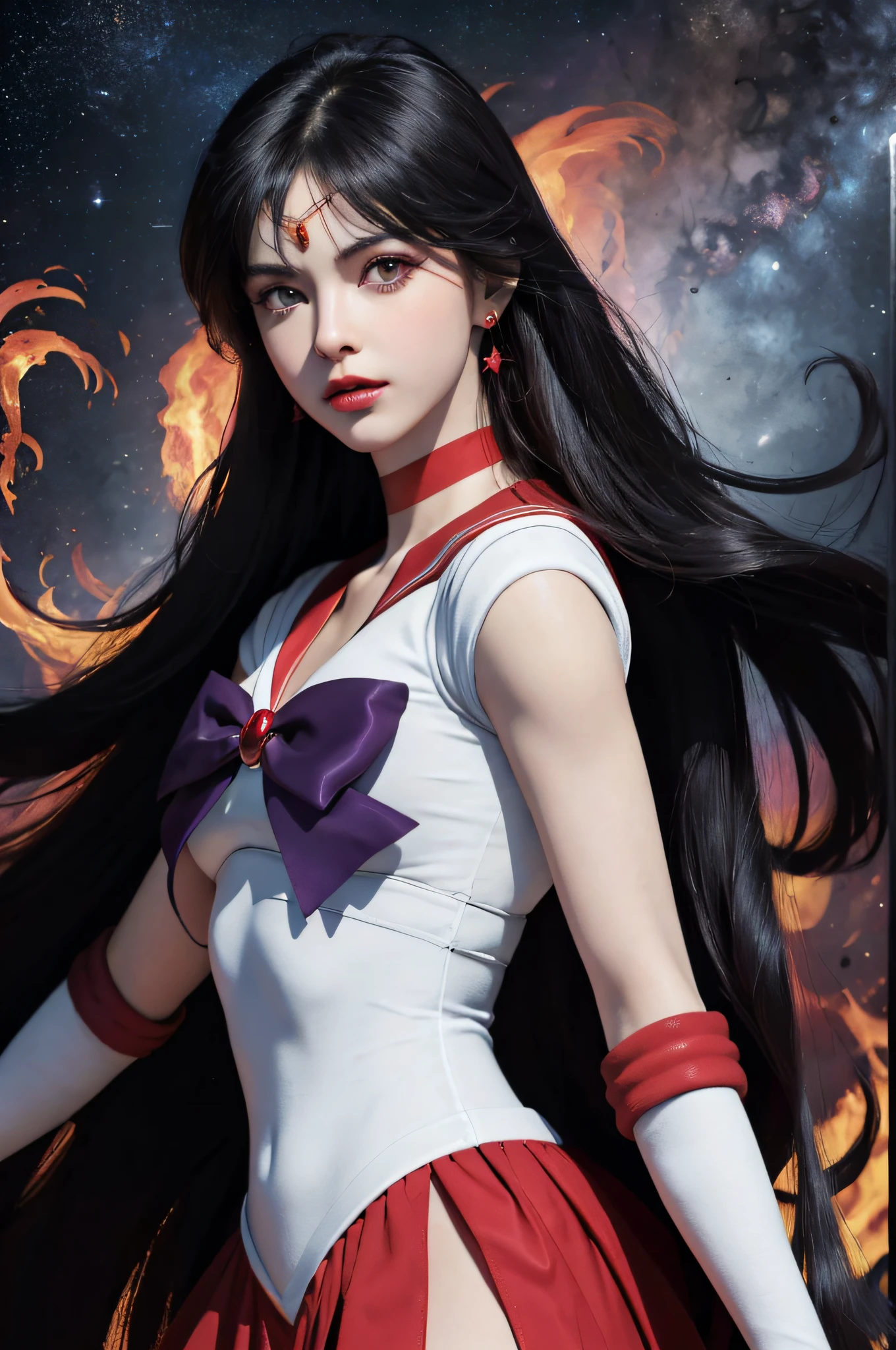 ((HD Real, SAMA1 Level)), Extreme Real, Masterpiece, Best Quality, High Definition, SAMA1, Space, Stunning Beauty, Upper Body Shot, 1 Girl, Chest, Gloves, Lips, Solo, Sailor Mars, Purple Eyes, SM Uniform, mer1, Tiara, Sailor Senshi Uniform, (RAW photo, best quality), Masterpiece, Floating Long Black Hair, Red Sailor Color, Bow, choker, white gloves, red choker, elbow gloves, jewelry, earrings, red skirt, sole, full body, black hair, (perfect hands): 3.8, octane rendering, goddess of fire, (close-up: 1.2) finely detailed, beautiful eyes, close-up, small eyes, look viewer, to8contrast style, octane line art, space background, Mars, Flames floating around her, red flames, intense gazes, piercing eyes, lowered hands