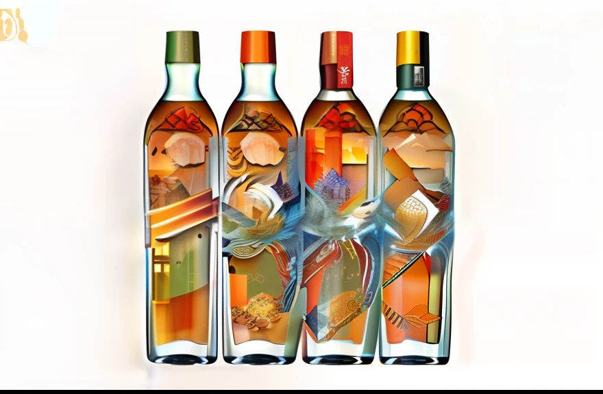 The bottle pattern of whisky has dynastic architecture, the Great Wall, transparent glass, gradient translucent glass melt, Tang Dynasty eraism, magnificence, landscape background painting, thousands of miles of rivers and mountains, dominating the world, golden ding, four bottles put together to form a painting
