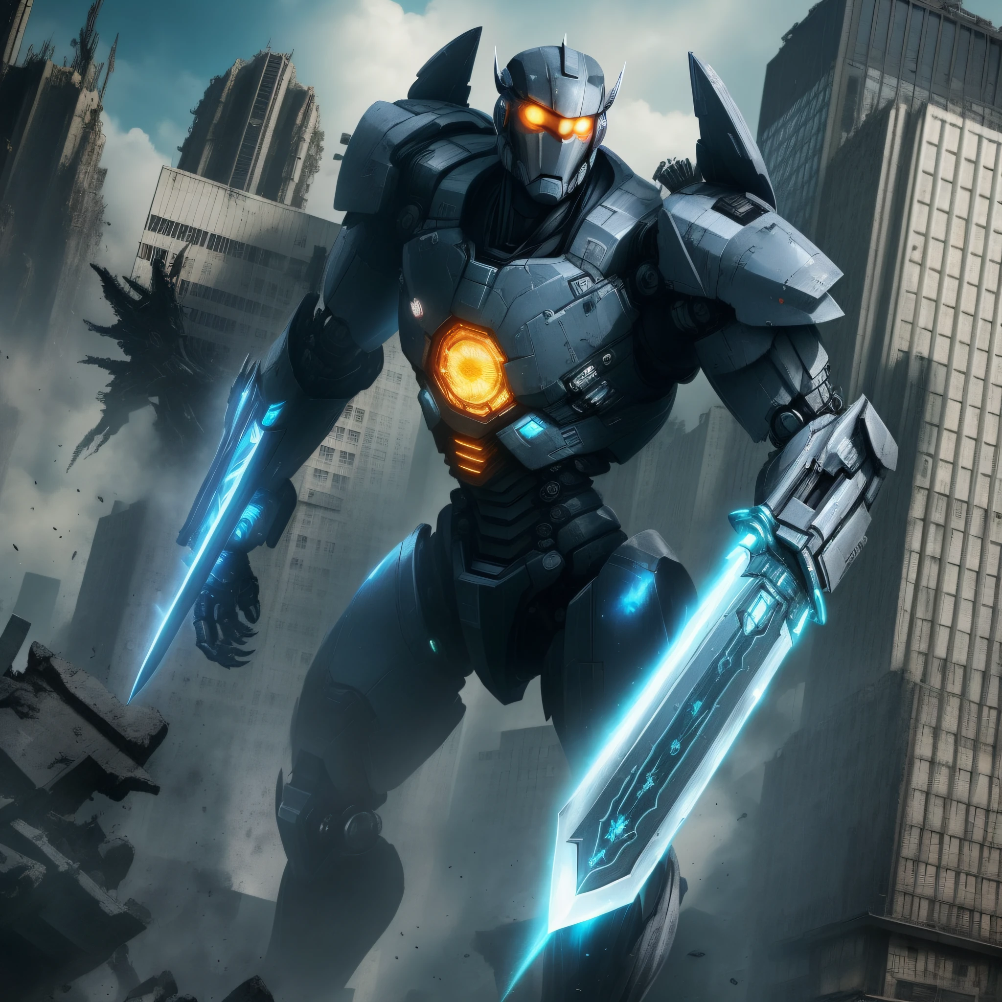 a close up of a robot with a sword in a city, pacific rim jaeger, broken ruin pacific rim jaeger, pacific rim, from pacific rim, movie pacific rim, pacific-rim-mech in background, movie promotional art, mechagodzilla, sci - fi movie, sci-fi movie, in a scifi movie, action film, [ cinematic