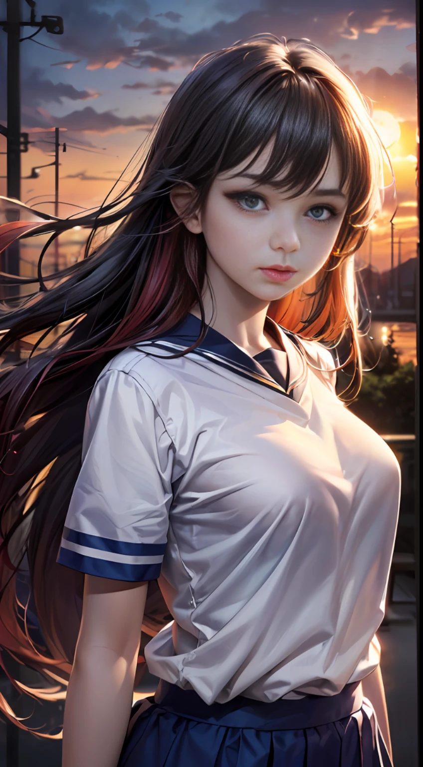 Realistic super detail,8K, realistic, HD wallpaper,中学生,女生,((1girl)),(delicate facial detail) , ((full body: 1.2)) , parted lips, flowing red hair, detailed hair, (((correct eyes))) , detailed eyes, glowing eyes, standing, ((((looking at audience))) , white t-shirt, shorts, ((((JK uniform))) , ((uniform)) , ((sunset background)-RRB-LRB- , ((evening wind)) , ((night wind)) , beautiful, brilliant, epic, intricate details, movie liEdgenLightge light, glow, natural shadows, depth of field,