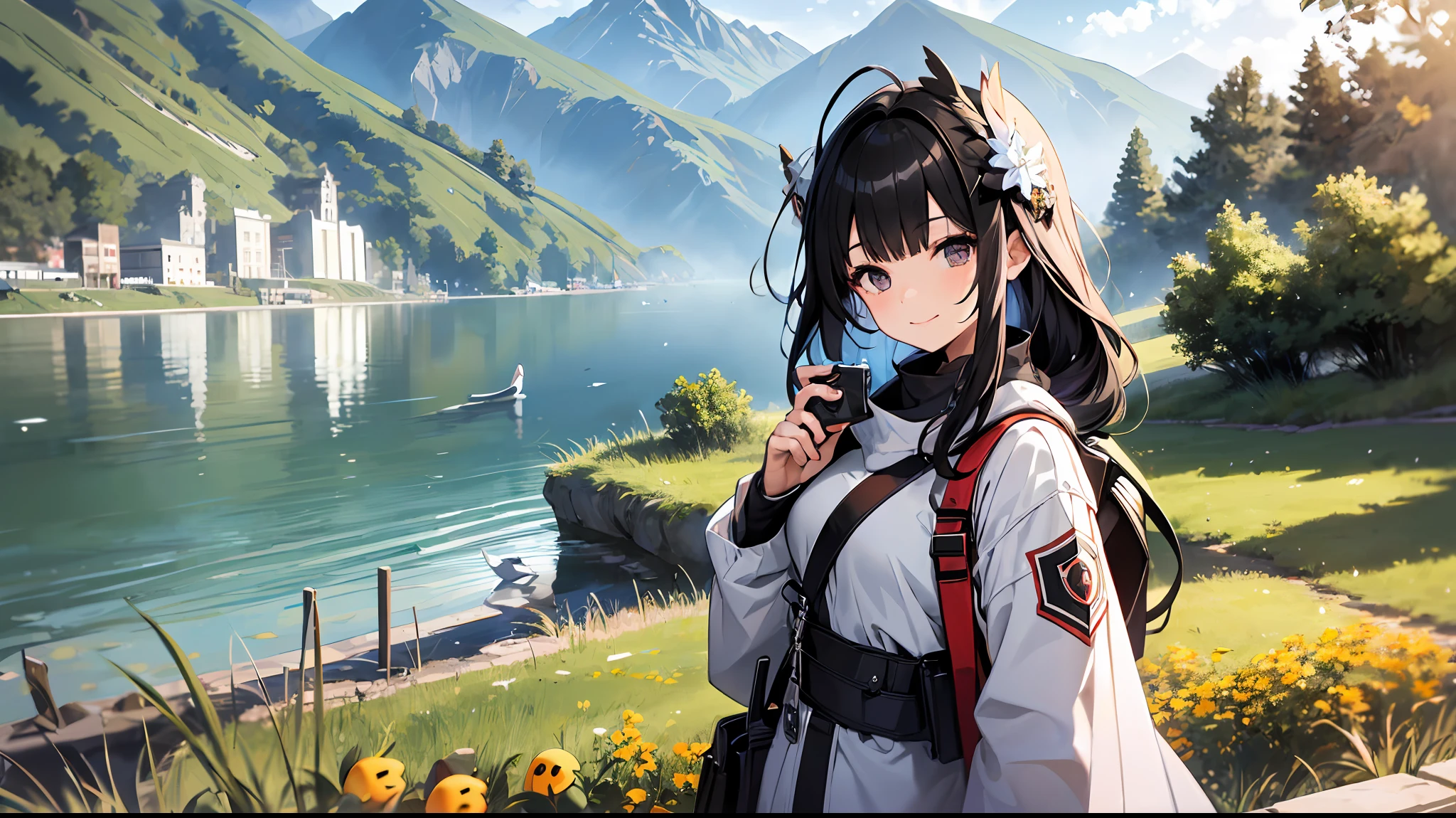 (masterpiece, best quality:1.2), ultra detailed, cinematic lighting, HDR,1girl,lorra, ilustration,  landsape,  sunrise, lake, impressive, chill, inspirational,headphones