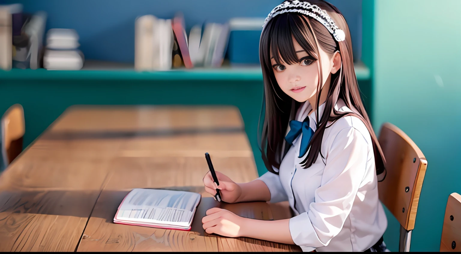 1girl, (masterpiece:1.1), (best quality:1.1), (white blouse:1.1), (plaid skirt:1.1), school uniform, high waisted skirt, break [blue:pink:0.5] theme, (gradient background:1.1), cowboy shot, break long black hair, black eyes, delicate headdress, front, in the classroom, sitting at the desk, book, table, reading