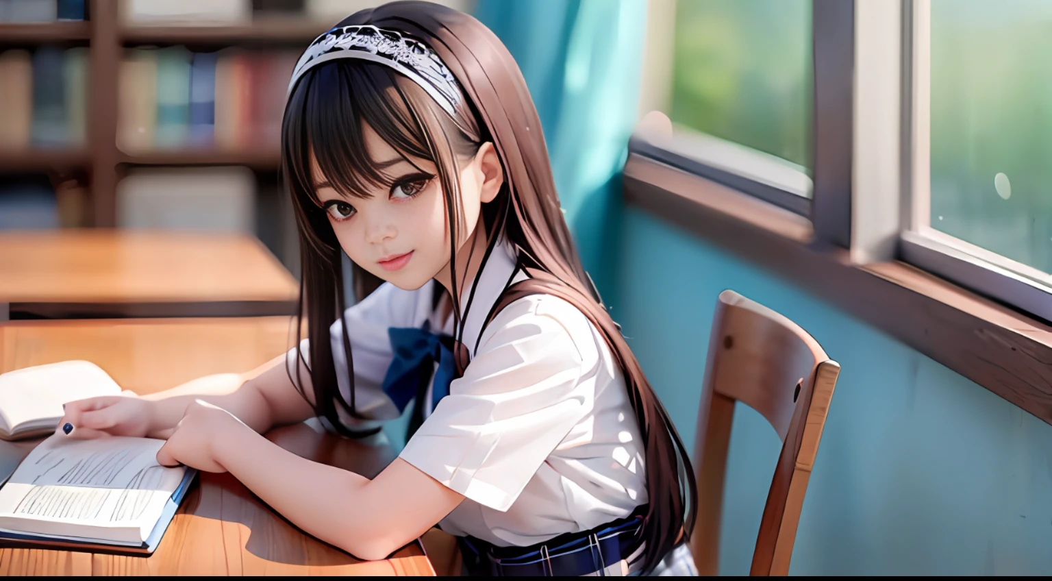 1girl, (masterpiece:1.1), (best quality:1.1), (white blouse:1.1), (plaid skirt:1.1), school uniform, high waisted skirt, break [blue:pink:0.5] theme, (gradient background:1.1), cowboy shot, break long black hair, black eyes, delicate headdress, front, in the classroom, sitting at the desk, book, table, reading