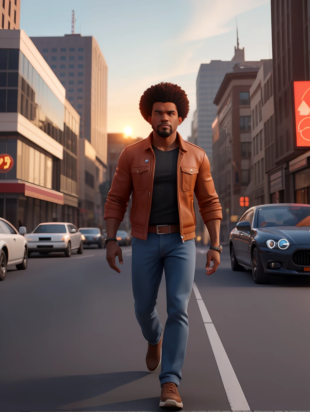 A waist high potrait of a handsome afro-american middle age manly character well built, wearing casual clothes, walking on a busy big city street, cars, people, dynamic action poses, sunrise,  rich colours , 3d render unreal engine , octane render , intricately detailed, 8k.