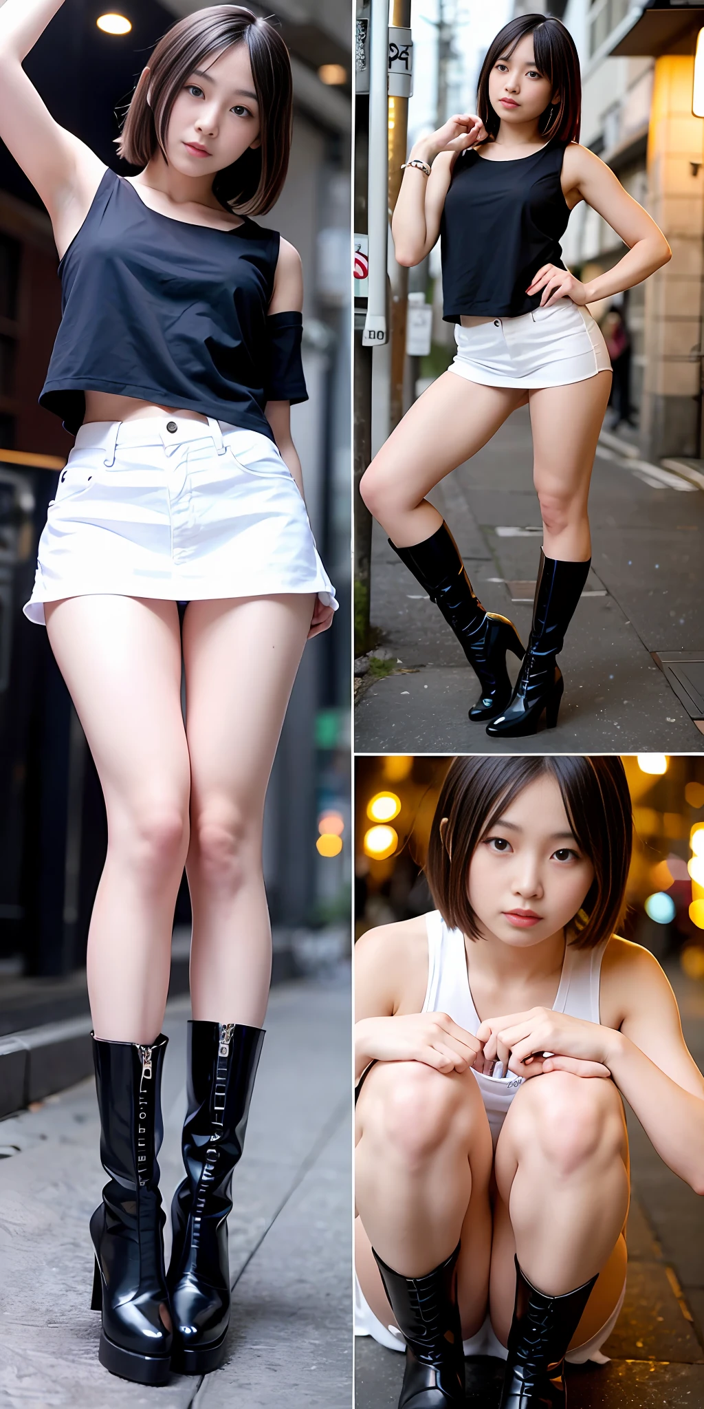 1 girl, Tokyo street, night, cityscape, city lights, upper body, close-up, smile, (8k, RAW photo, top quality, masterpiece: 1.2), (real, photoreal: 1.37), micro mini skirt, muscular, squat, legs open towards the front, pose with hands in front of crotch, photo session surrounded by cameco, photo session model, latex boots with pin heels, Legs open horizontally