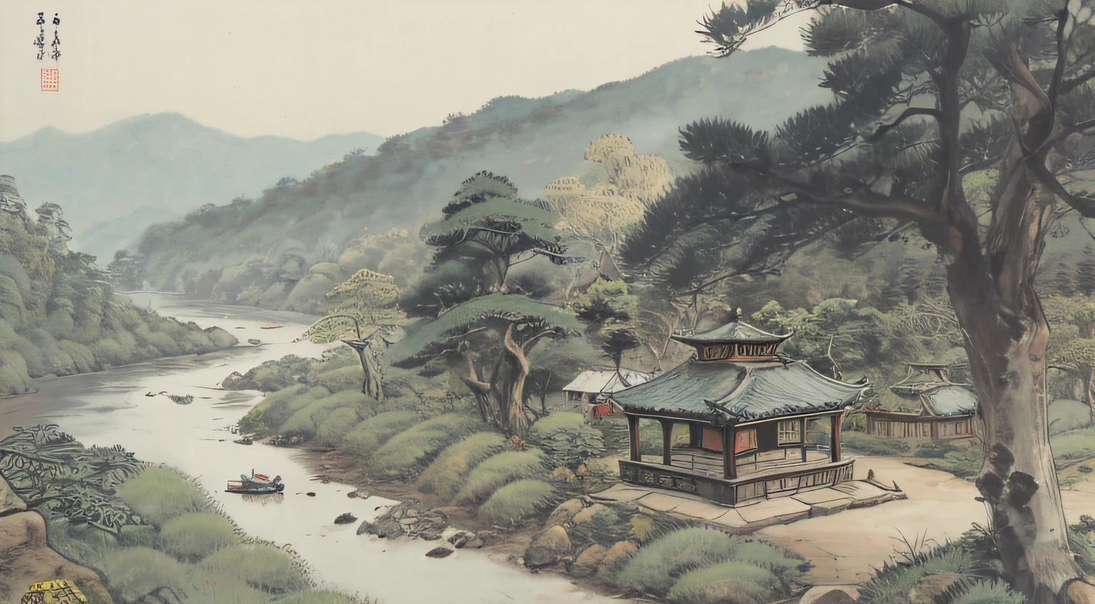 2.5 dimensional Chinese ancient style scenes, forests, small rivers, pavilions --auto
