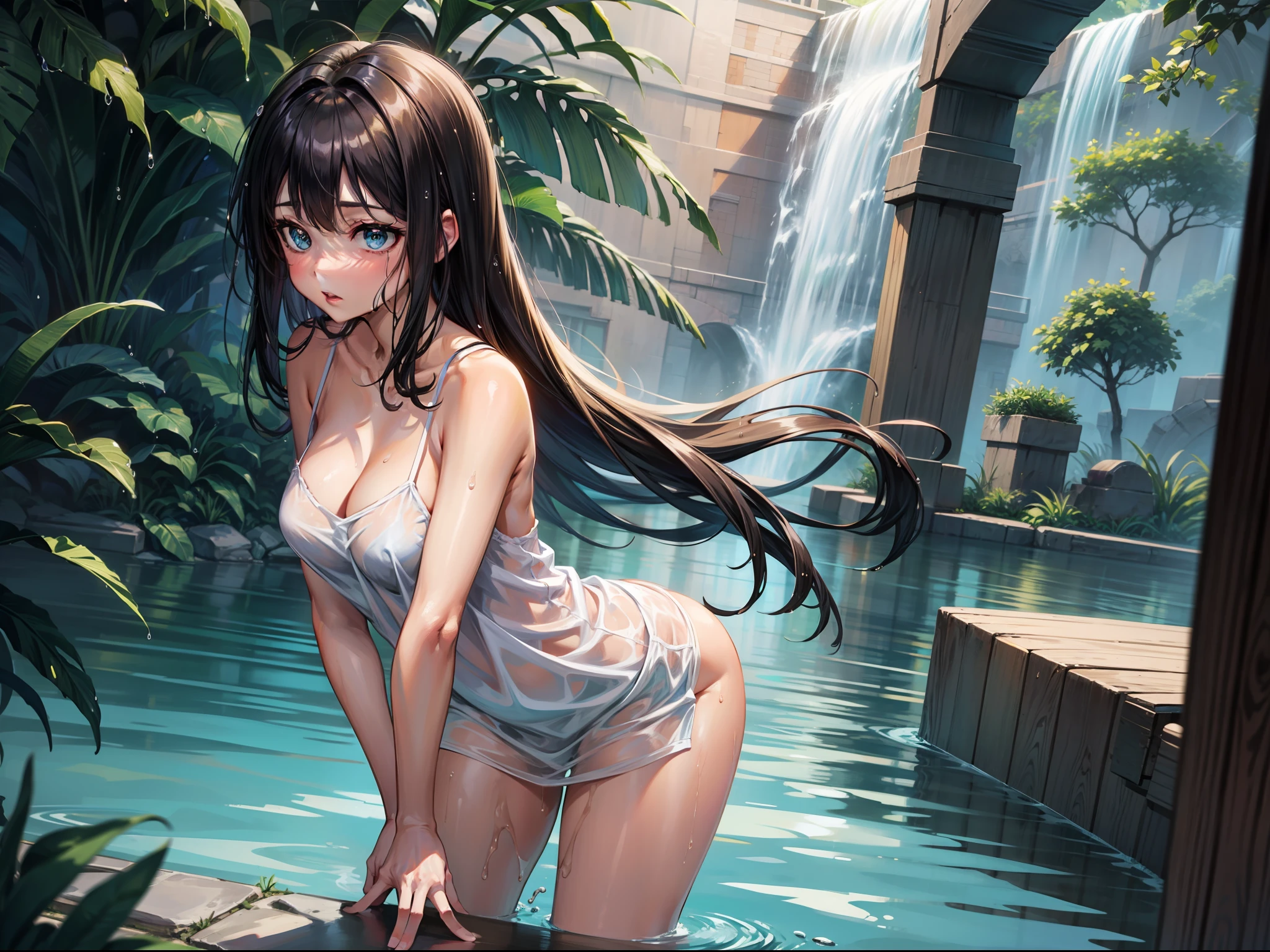 Naked camisole, no bra, no pants, wet sheer, skewed, cute, shy, thighs,, outdoor
