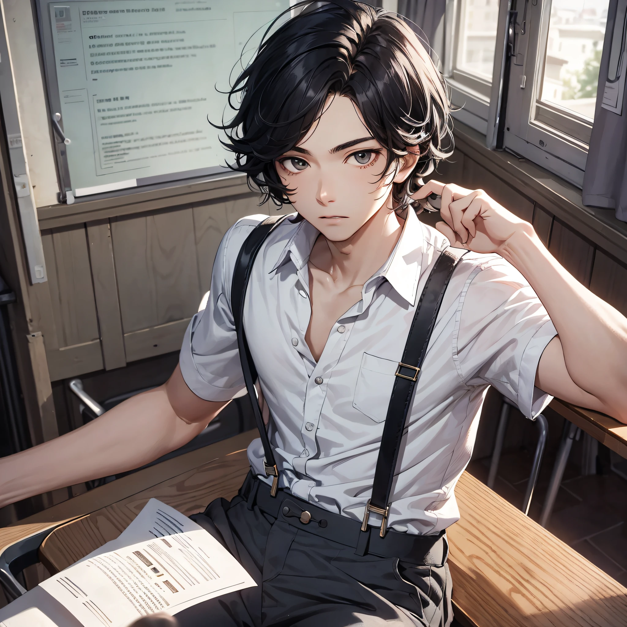 Ridiculous resolution, high resolution, (masterpiece: 1.4), hyperdetail, classroom, young man messy black hair, white suspenders, daze expression, sitting