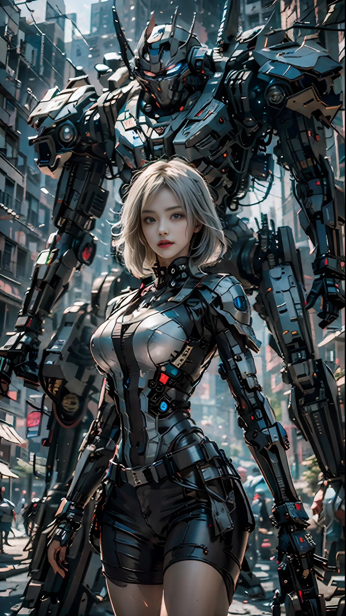 A woman in a futuristic suit standing in front of a giant robot - SeaArt AI