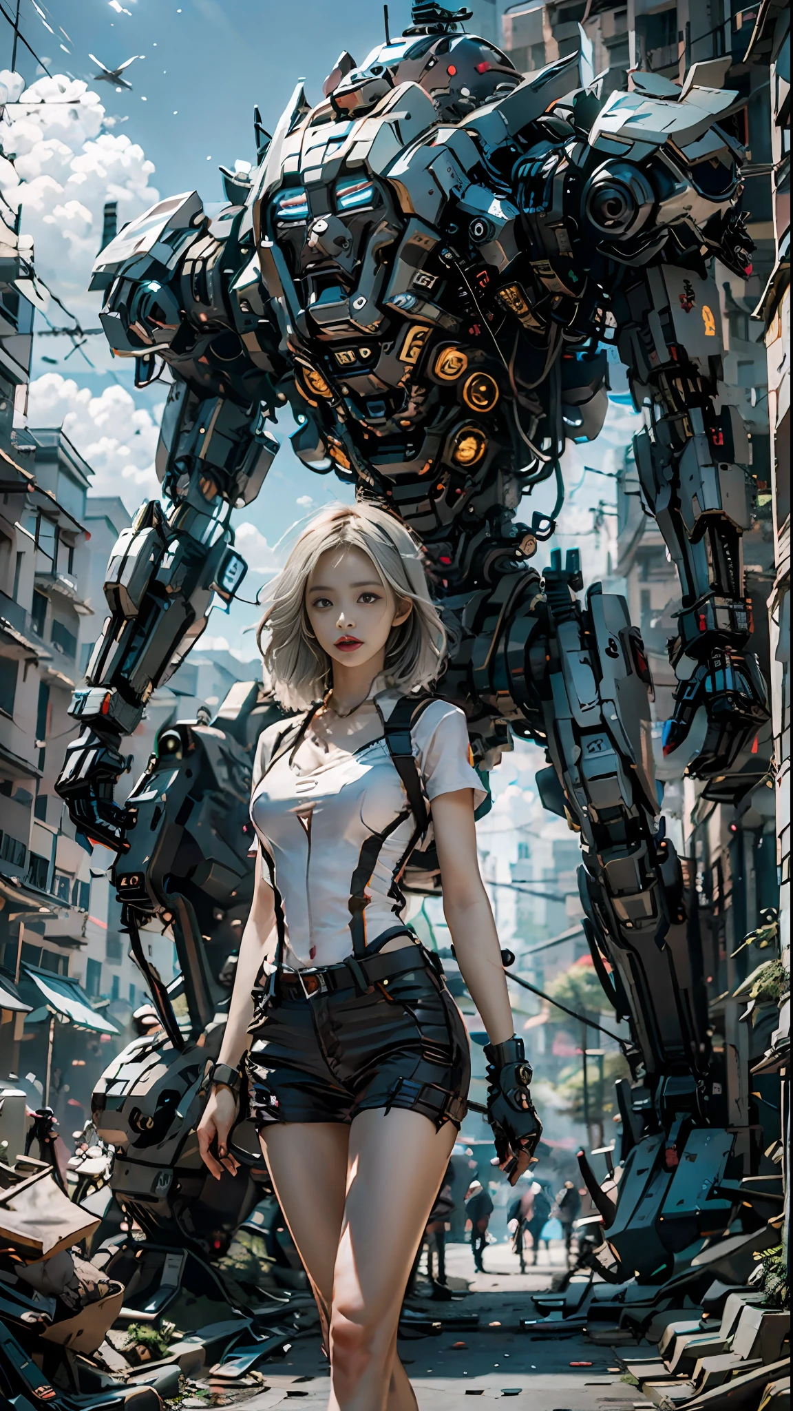 ((Best Quality)), ((Masterpiece)), (Very Detailed:1.3), 3D, Shitu-mecha, Beautiful cyberpunk woman with her black mech in the ruins of a city in the forgotten war, Ancient technology, white hair, HDR (High Dynamic Range), ray tracing, NVIDIA RTX, super resolution, unreal 5, subsurface scattering, PBR texture, post-processing, anisotropic filtering, depth of field, maximum sharpness and sharpness, multi-layer texture, albedo and highlight maps, surface shading, Accurate simulation of light-material interactions, perfect proportions, octane rendering, duotone lighting, low ISO, white balance, rule of thirds, wide aperture, 8K RAW, efficient sub-pixels, subpixel convolution, luminescent particles, light scattering, Tyndall effect