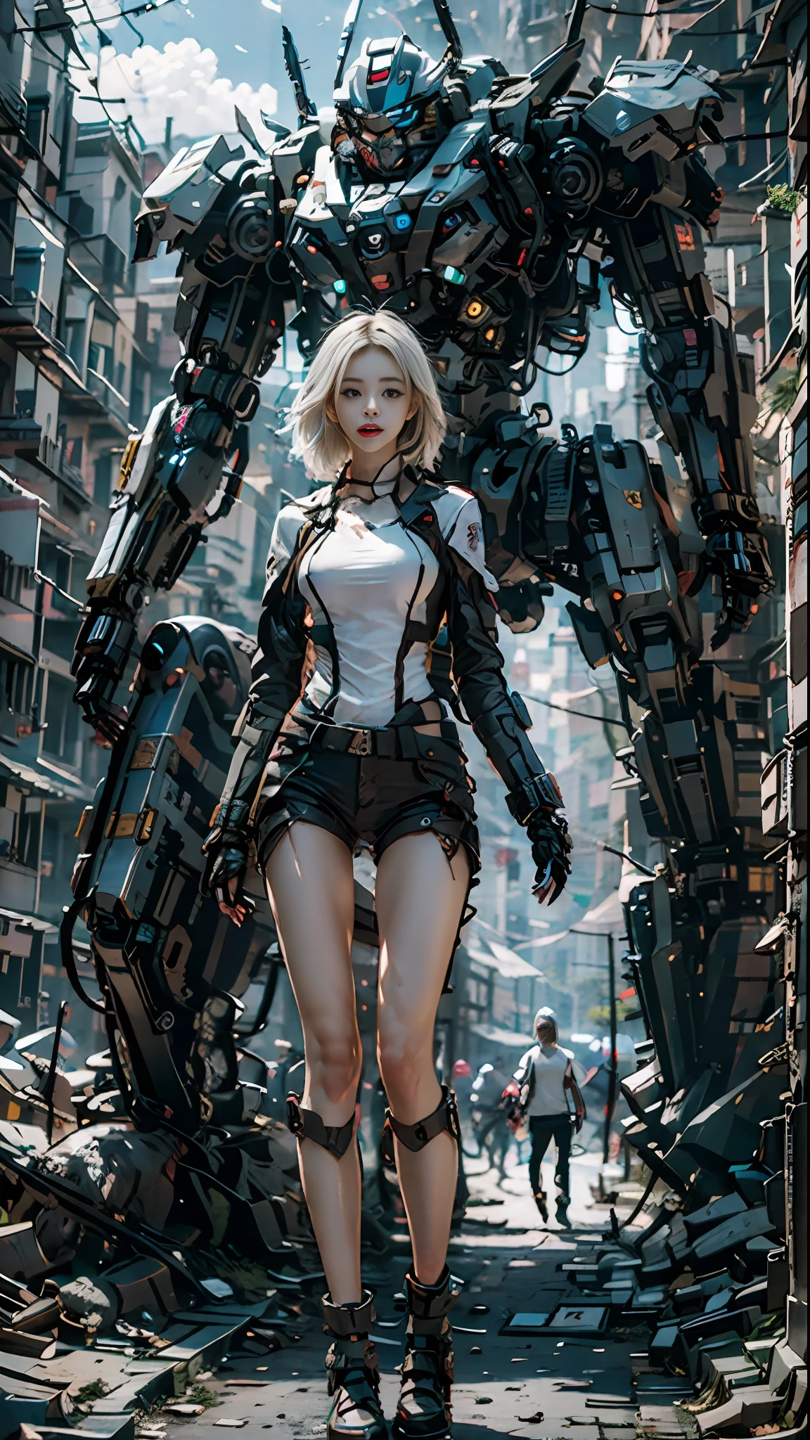 ((Best Quality)), ((Masterpiece)), (Very Detailed:1.3), 3D, Shitu-mecha, Beautiful cyberpunk woman with her black mech in the ruins of a city in the forgotten war, Ancient technology, white hair, HDR (High Dynamic Range), ray tracing, NVIDIA RTX, super resolution, unreal 5, subsurface scattering, PBR texture, post-processing, anisotropic filtering, depth of field, maximum sharpness and sharpness, multi-layer texture, albedo and highlight maps, surface shading, Accurate simulation of light-material interactions, perfect proportions, octane rendering, duotone lighting, low ISO, white balance, rule of thirds, wide aperture, 8K RAW, efficient sub-pixels, subpixel convolution, luminescent particles, light scattering, Tyndall effect