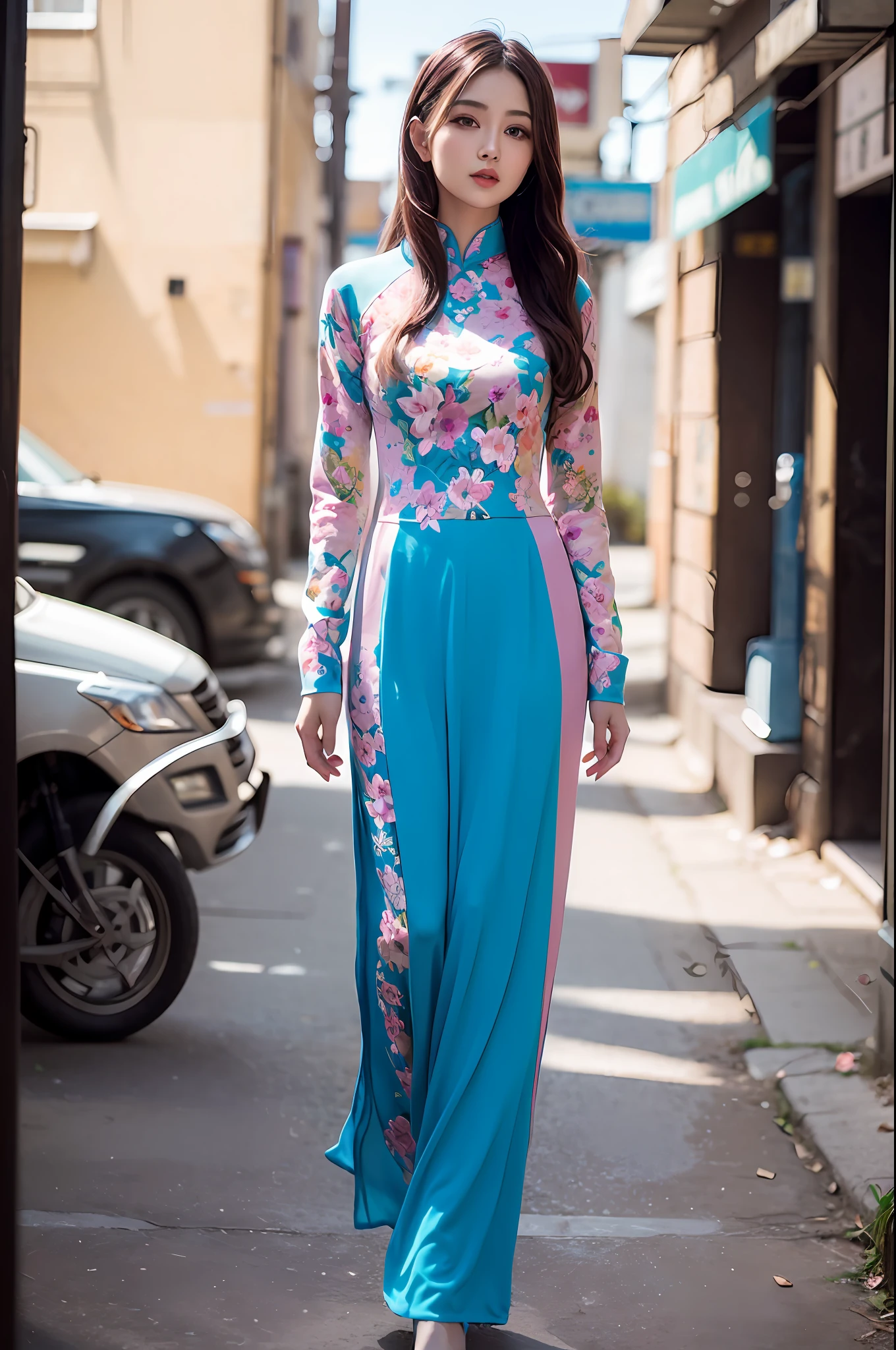 a beautiful girl in vintage colors aodai , masterpiece, best quality, realistic:1.3, street, cyberpunk, sunlight, backlighting, artstation, intricate details, vignette