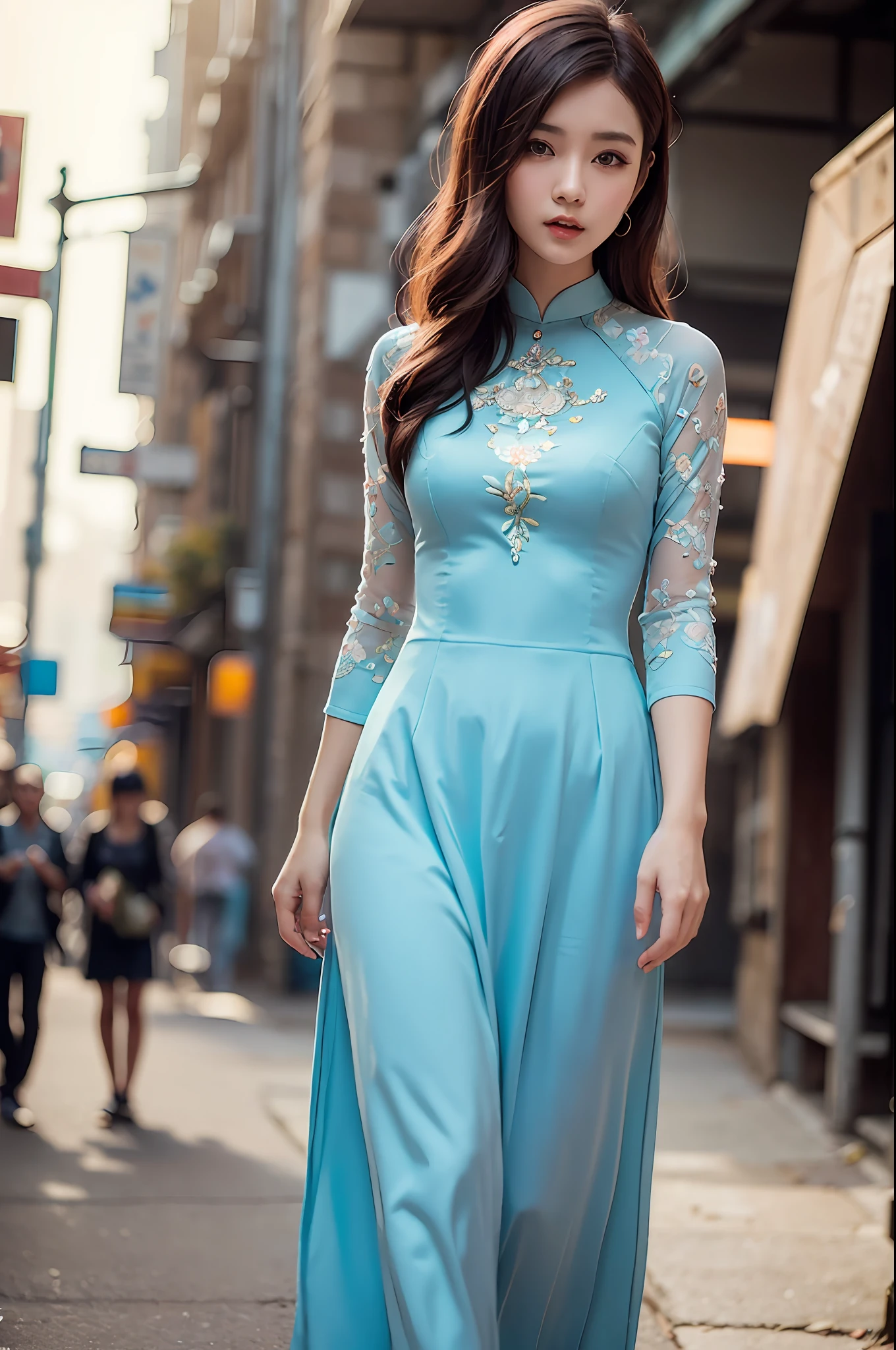 a beautiful girl in vintage colors aodai , masterpiece, best quality, realistic:1.3, street, cyberpunk, sunlight, backlighting, artstation, intricate details, vignette