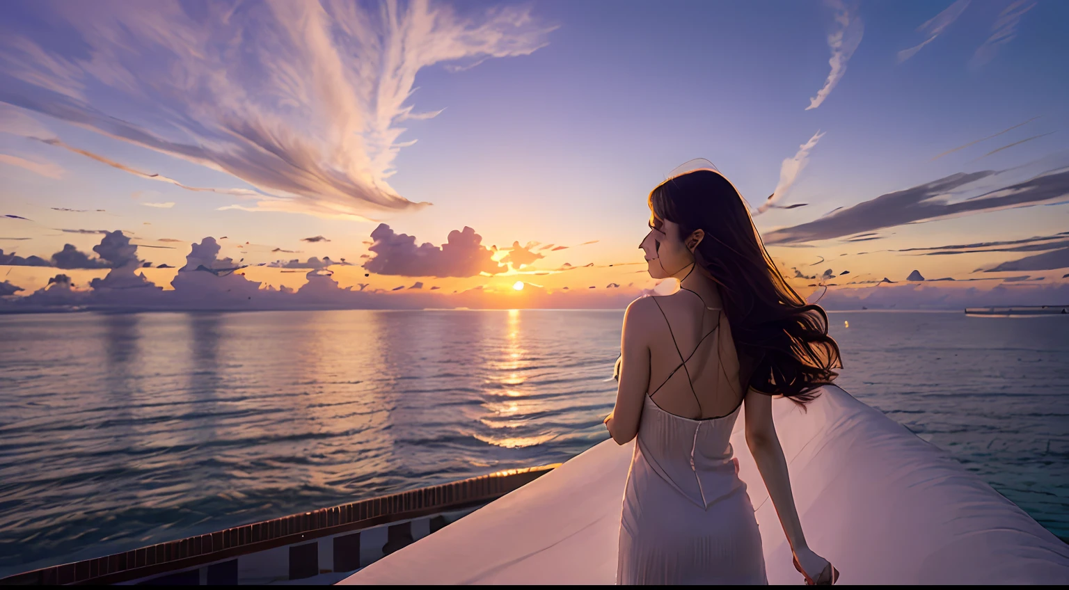 Top quality, ultra high resolution photo, drone footage, Maldives sunset, woman in dress, woman with long hair, woman in back, full body, sunny sky