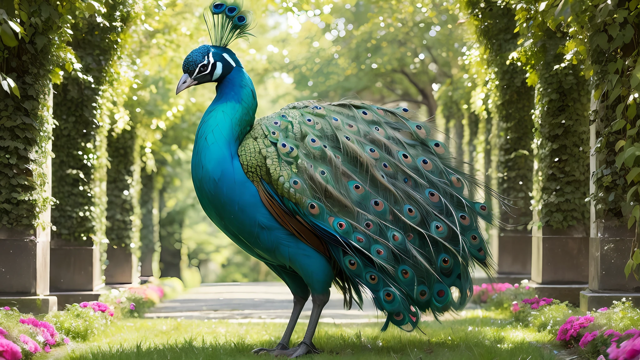 Peacock standing on the ground with tail extended, peacock, peacock colors, natural beauty!, beautiful photo, colorful plumage, beautiful female, beautiful and graceful, peacock. Intricate, peacock tails, in magnificent garden ultra realistic 8K --auto --s2