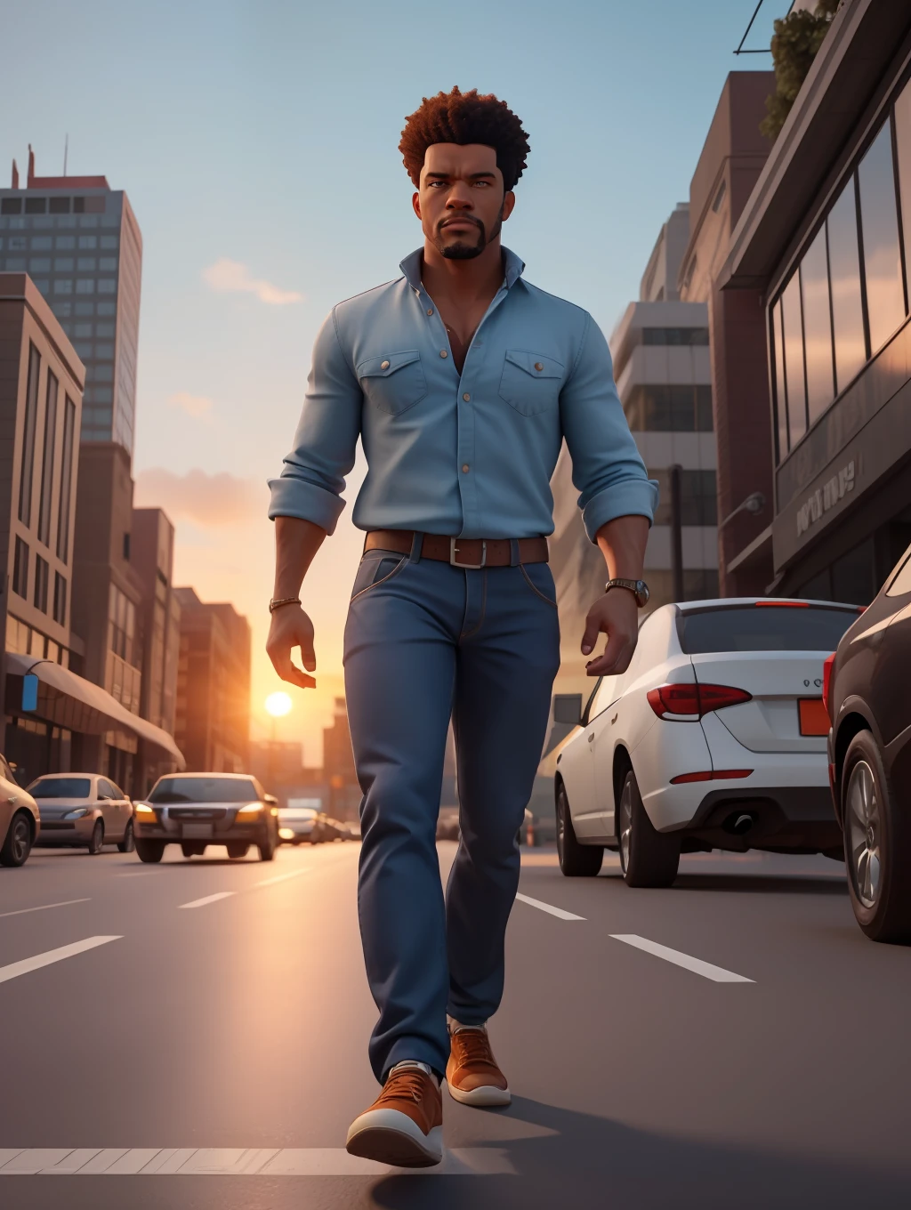 A waist high potrait of a handsome afro-american middle age manly character well built, wearing casual clothes, walking on a busy big city street, cars, people, dynamic action poses, sunrise,  rich colours , 3d render unreal engine , octane render , intricately detailed, 8k.