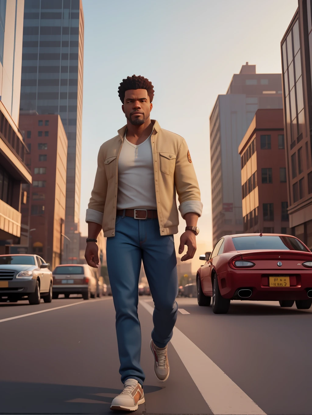 A waist high potrait of a handsome afro-american middle age manly character well built, wearing casual clothes, walking on a busy big city street, cars, people, dynamic action poses, sunrise,  rich colours , 3d render unreal engine , octane render , intricately detailed, 8k.