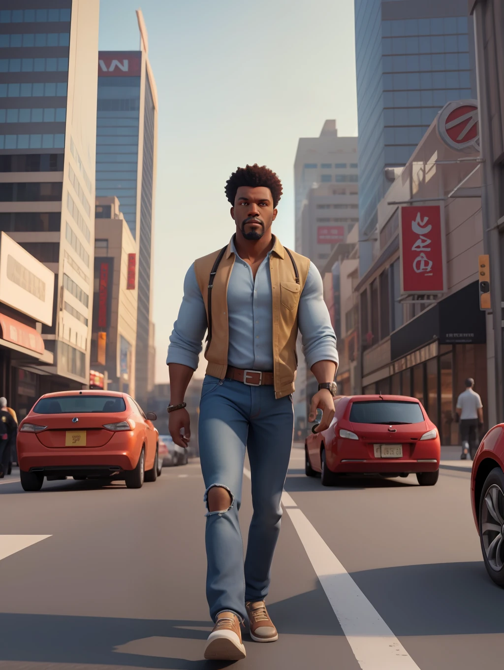 A waist high potrait of a handsome afro-american middle age manly character well built, wearing casual clothes, walking on a busy big city street, cars, people, dynamic action poses, sunrise,  rich colours , 3d render unreal engine , octane render , intricately detailed, 8k.