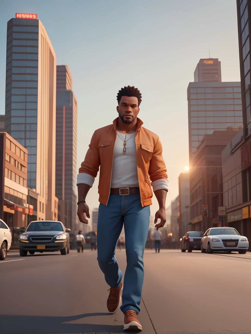 A waist high potrait of a handsome afro-american middle age manly character well built, wearing casual clothes, walking on a busy big city street, cars, people, dynamic action poses, sunrise,  rich colours , 3d render unreal engine , octane render , intricately detailed, 8k.