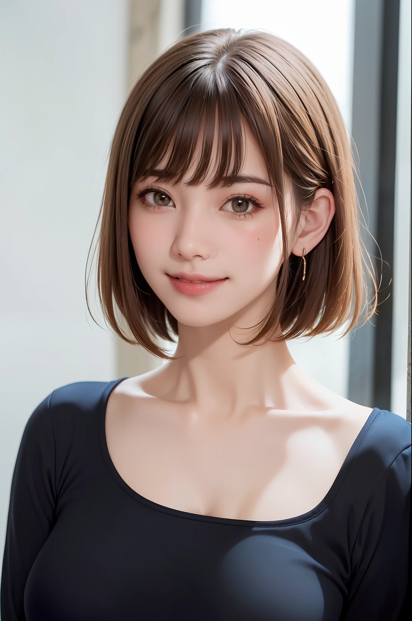 (((showpiece, top quality, high precision)), one girl, (big breasts, photorealistic: 1.4), ((slightly above also look up the camera, look up at the camera, look up, look up at the camera))), solo, , white background, snow-white background, close mouth, happy smile, smile happily, pretty black hair, short hair, Big eyes, pronounced double eyelids, eyelashes, ears out, long neck, long neck, absolute area, ((face close-up, short hair with bangs)), 19 years old, attractive proportions, shiny skin, clean collarbone, golden ratio face, perfect face, teary mole, mole on the chest, bangs, clean bangs, beautiful bangs, lip gloss, thin lips, white skin, undressed, big breasts, small face, small face, Staring slightly upwards at the camera, ((smiling a little at the camera, really nothing immaculate background, huge, big breasts))