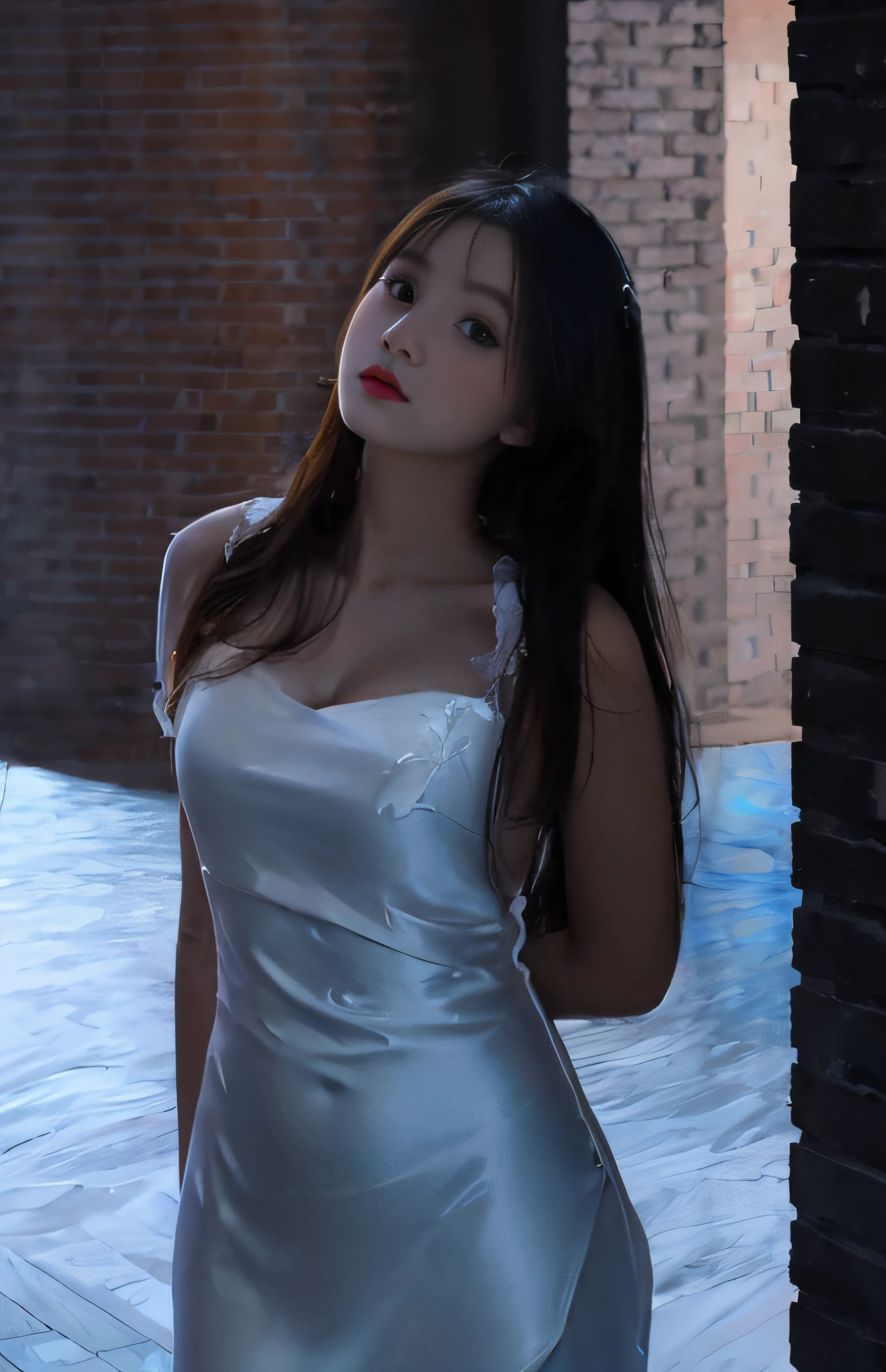 Korean sexy woman in white dress standing in front of a painting, girl in white dress, dancing in white dress, white dress, white silk, in art gallery], wearing white flowing dress, wearing cute white dress, Nico in white dress, soft silk dress, wearing white long dress, in the gallery, big eyes, watery big eyes