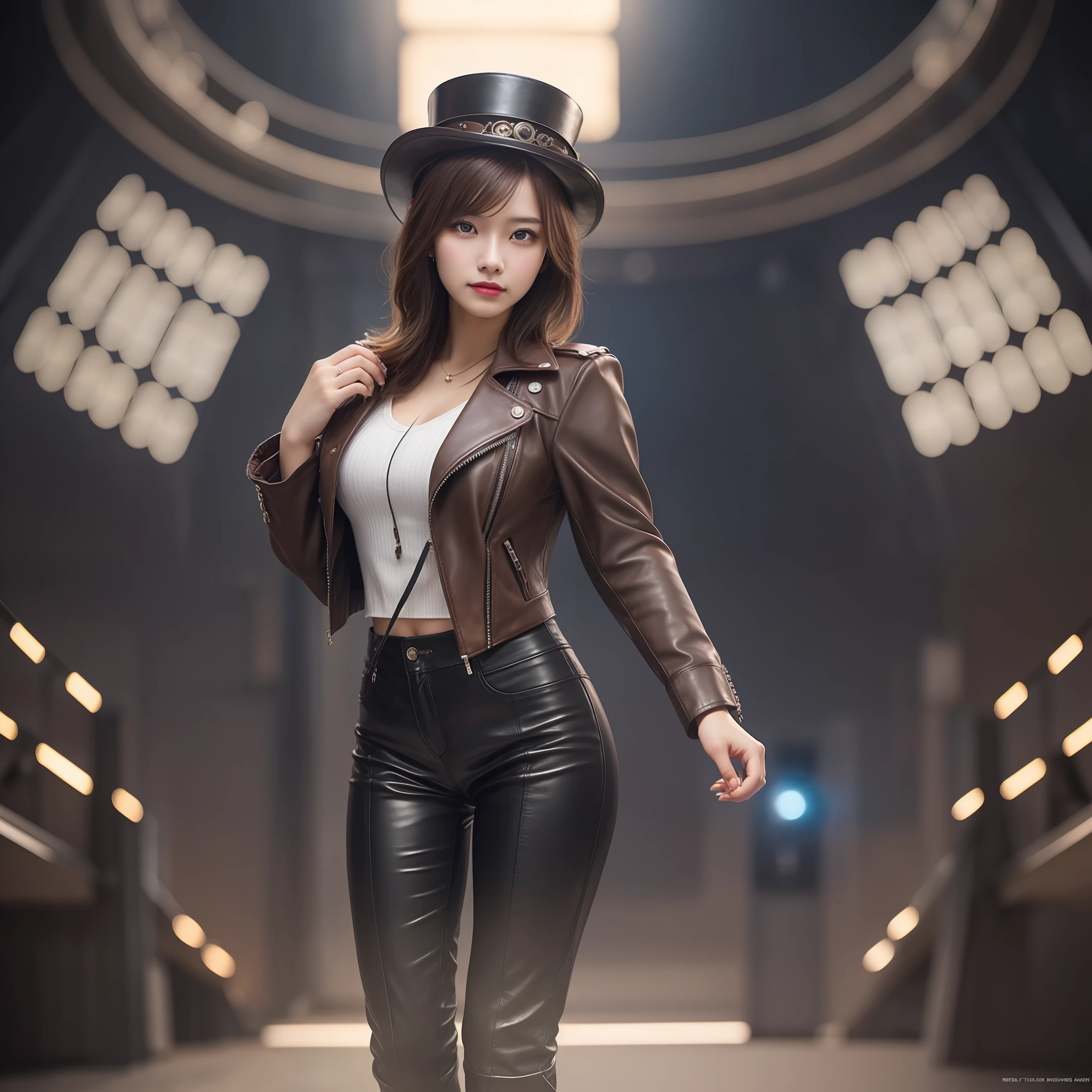Full Body,Full Body Shot,(Intricate Details), 19 years old, Mysterious Beautiful Girl,Perfect Face, Makeup:1.5, Bright on Face, Detail, Medium Cut Hair,Light Brown Hair,Fringe Hair,Steampunk,Top Hat,Leather Black Jacket,Leather Brown Vest,Leather Pants,Um Home Addressive, Conceptual Art, Realism, Godley, motion picture lighting, multiview, Canon, high-detail, high-quality, HD, 16k
