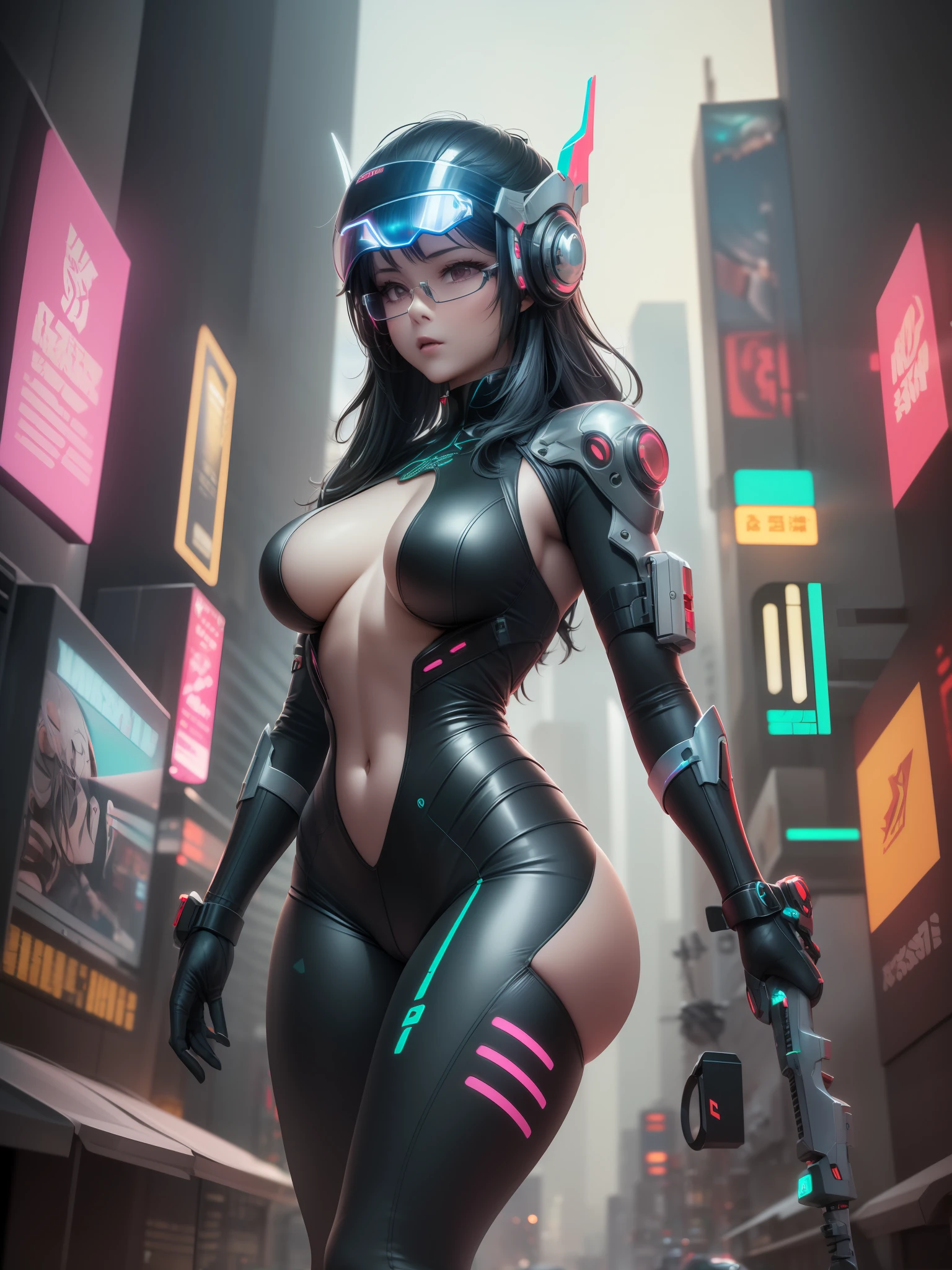 (Best Quality), ((Masterpiece), (Very detailed: 1.3), 3D, (Isometric: 1.4), 45° up, upward view, 1 futuristic technology city, Canton Tower, Oriental Pearl, neon light street, full of traffic, (1 female warrior), (future female warrior), 1 female warrior in futuristic suit, tight black clothes, protruding bust, sexy body, seductive, wearing a futuristic helmet, futuristic glasses, holding a weapon in one hand, (1 universe), 1 spaceship speeding over the city, breaking the air, Flying Spur, Ray Tracing, Super Resolution, Unreal 5, Subsurface Scattering, PBR Textures, Maximum Clarity and Acutance, Multi-layer Textures, Albedo and Highlight Maps, Surface Coloring, Perfect Proportions, (Neon Light Effect), (Cyberpunk Style),